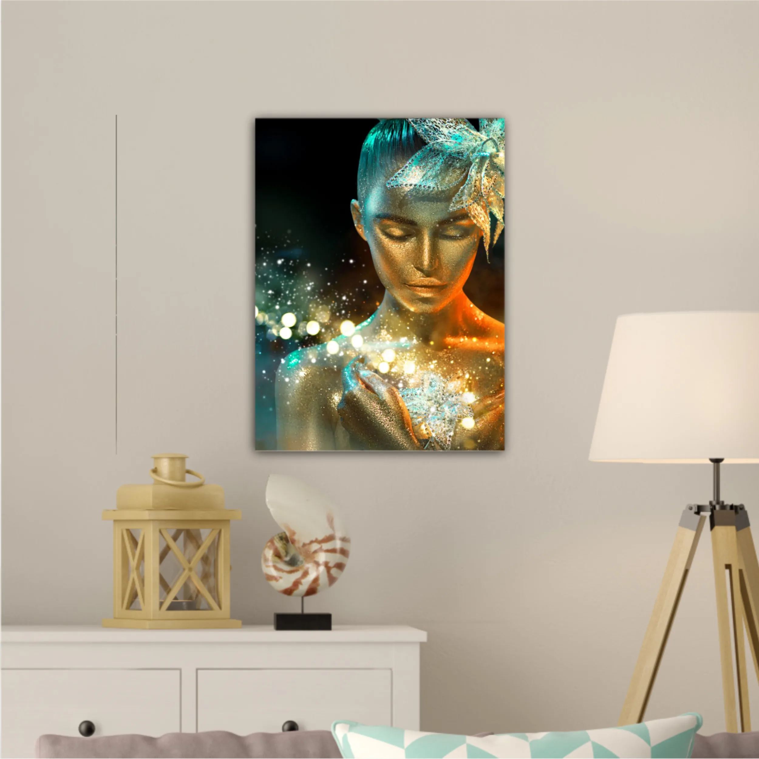 High Fashion model woman in colorful bright golden sparkles and neon lights posing with fantasy flower, portrait of beautiful girl glowing make-up