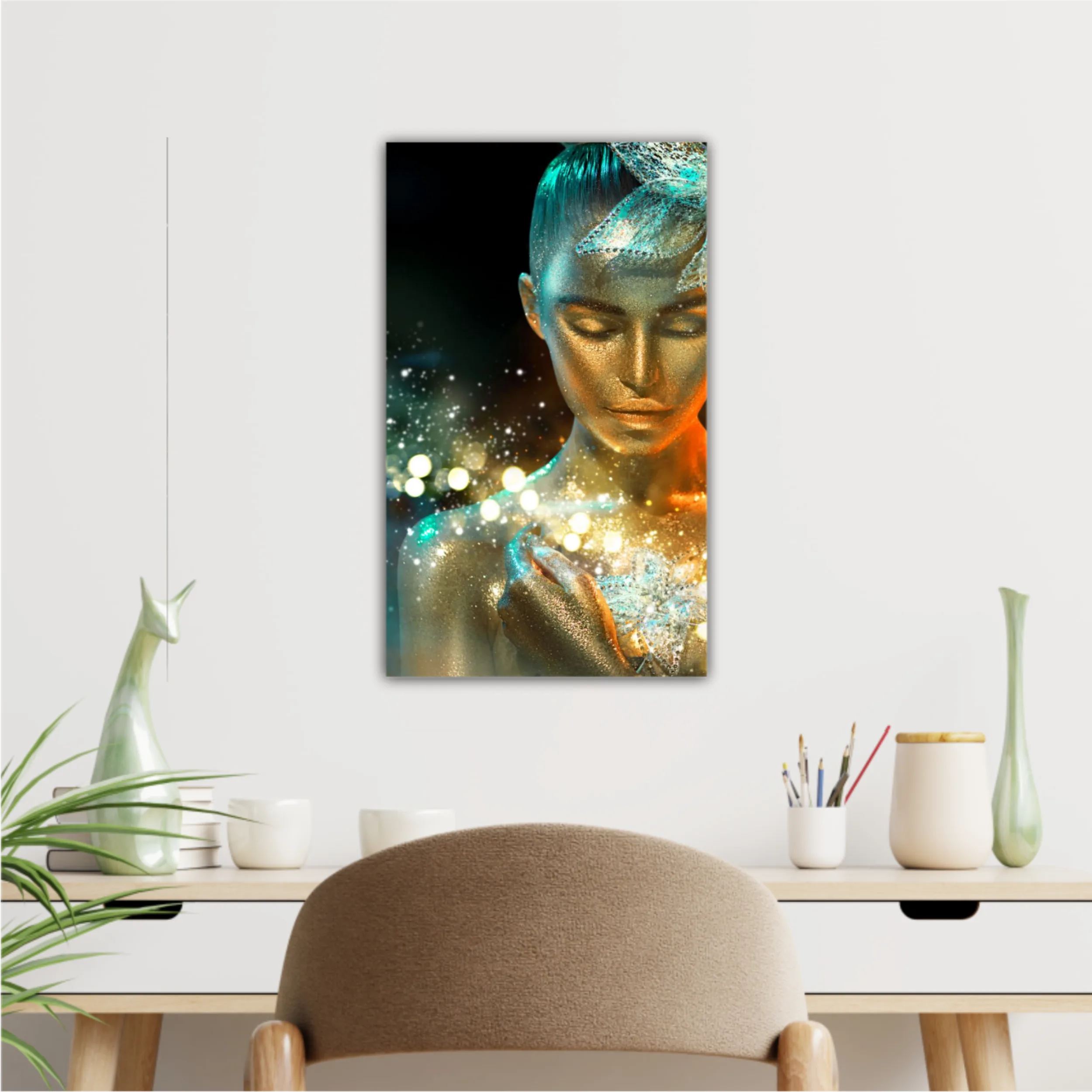 High Fashion model woman in colorful bright golden sparkles and neon lights posing with fantasy flower, portrait of beautiful girl glowing make-up