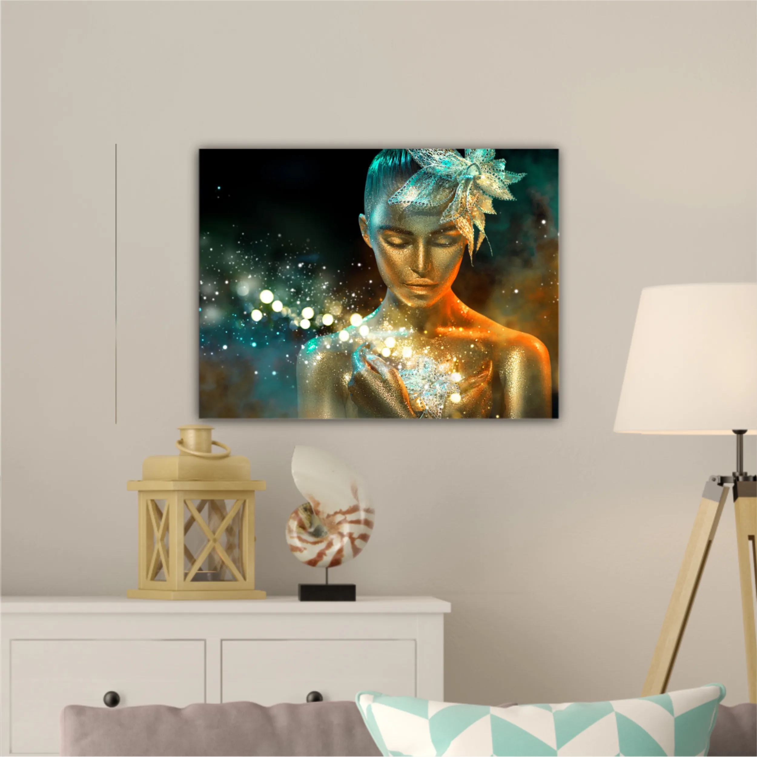 High Fashion model woman in colorful bright golden sparkles and neon lights posing with fantasy flower, portrait of beautiful girl glowing make-up