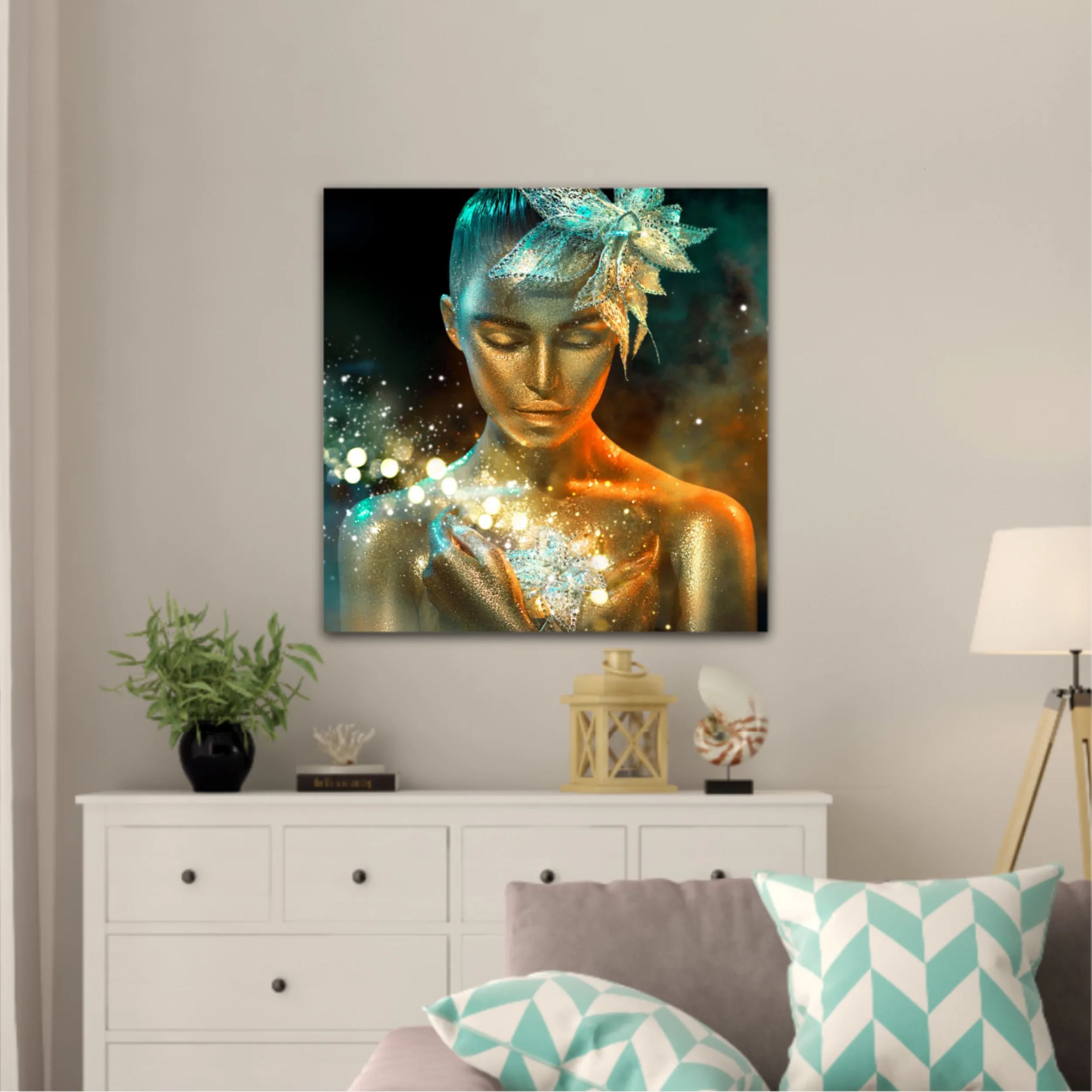 High Fashion model woman in colorful bright golden sparkles and neon lights posing with fantasy flower, portrait of beautiful girl glowing make-up