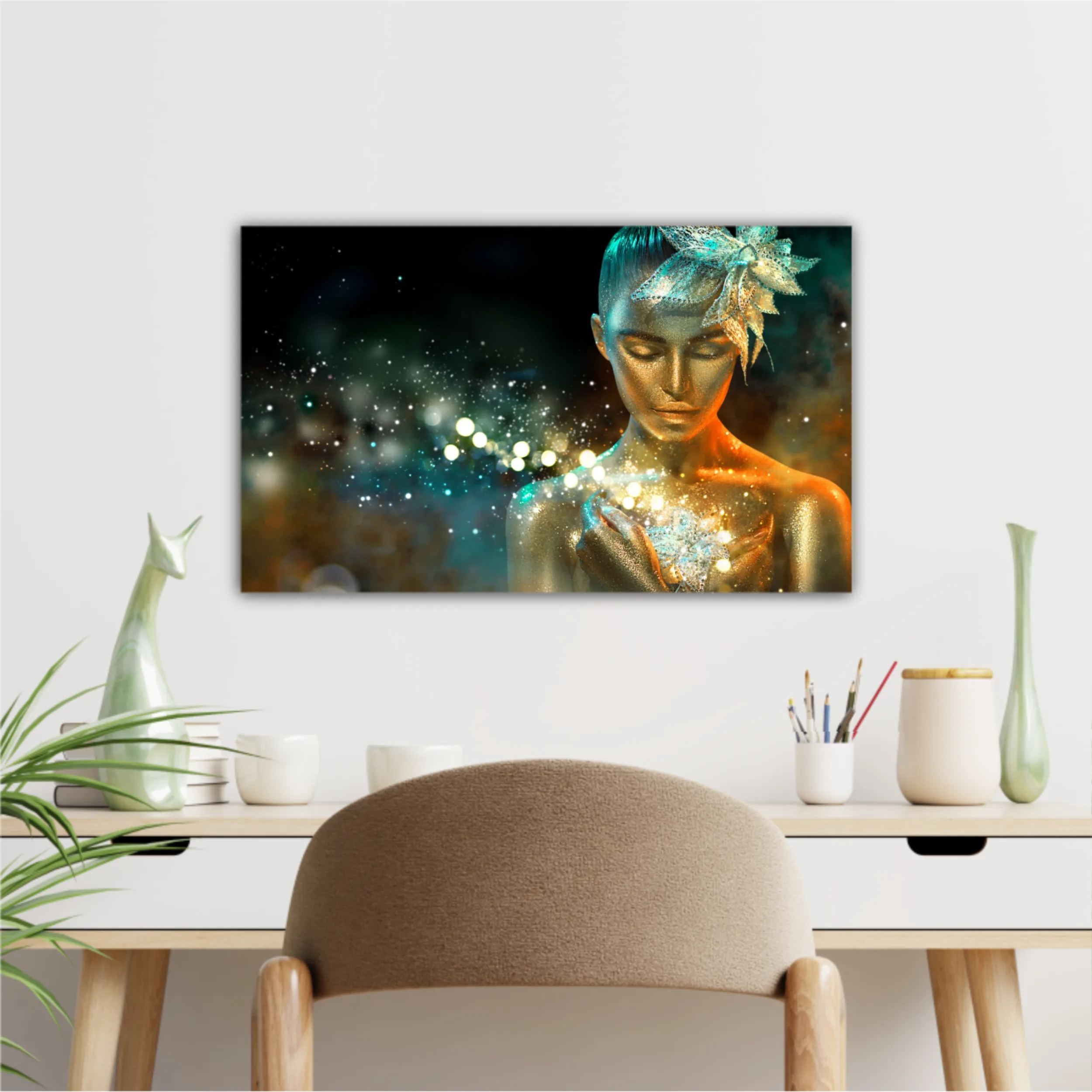 High Fashion model woman in colorful bright golden sparkles and neon lights posing with fantasy flower, portrait of beautiful girl glowing make-up