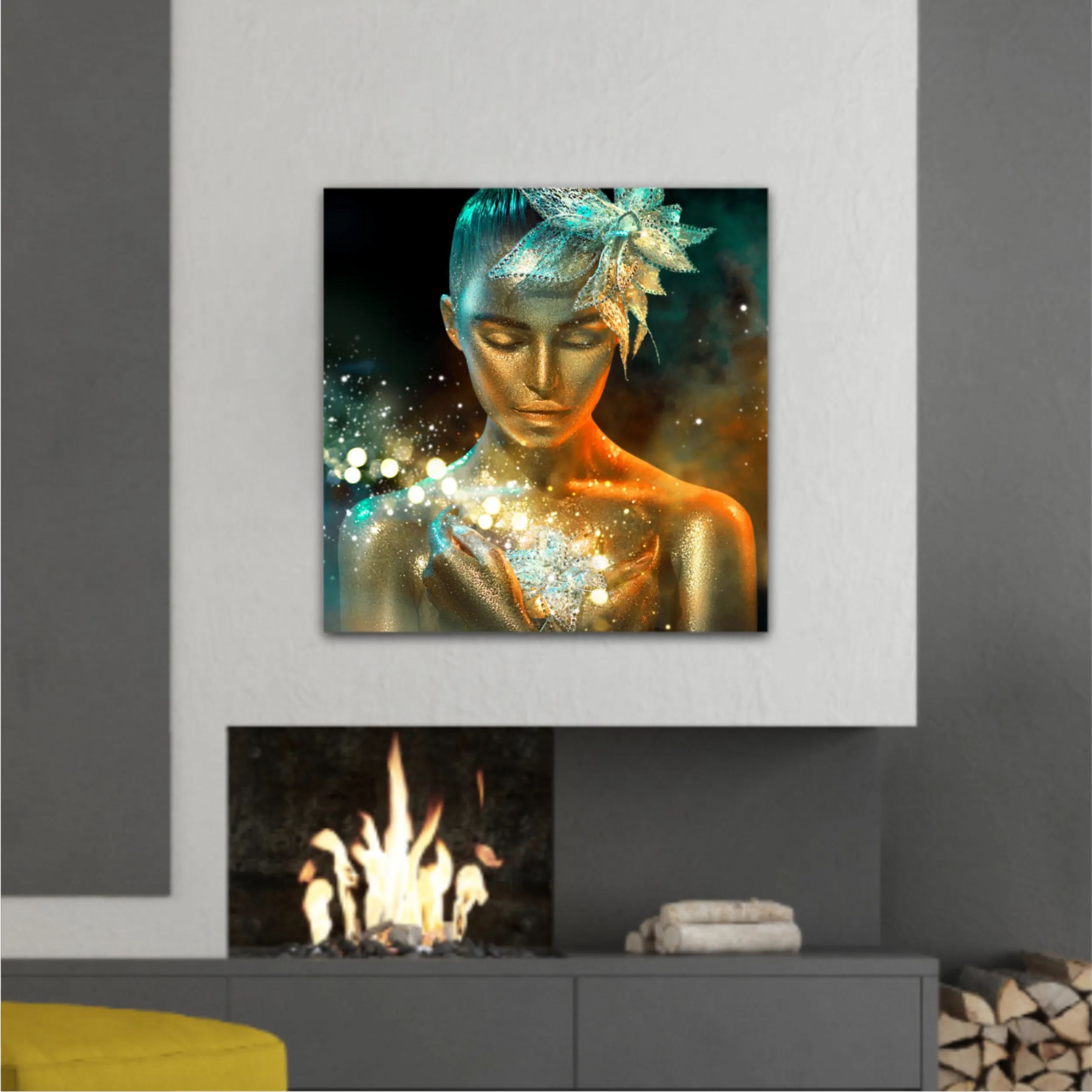 High Fashion model woman in colorful bright golden sparkles and neon lights posing with fantasy flower, portrait of beautiful girl glowing make-up