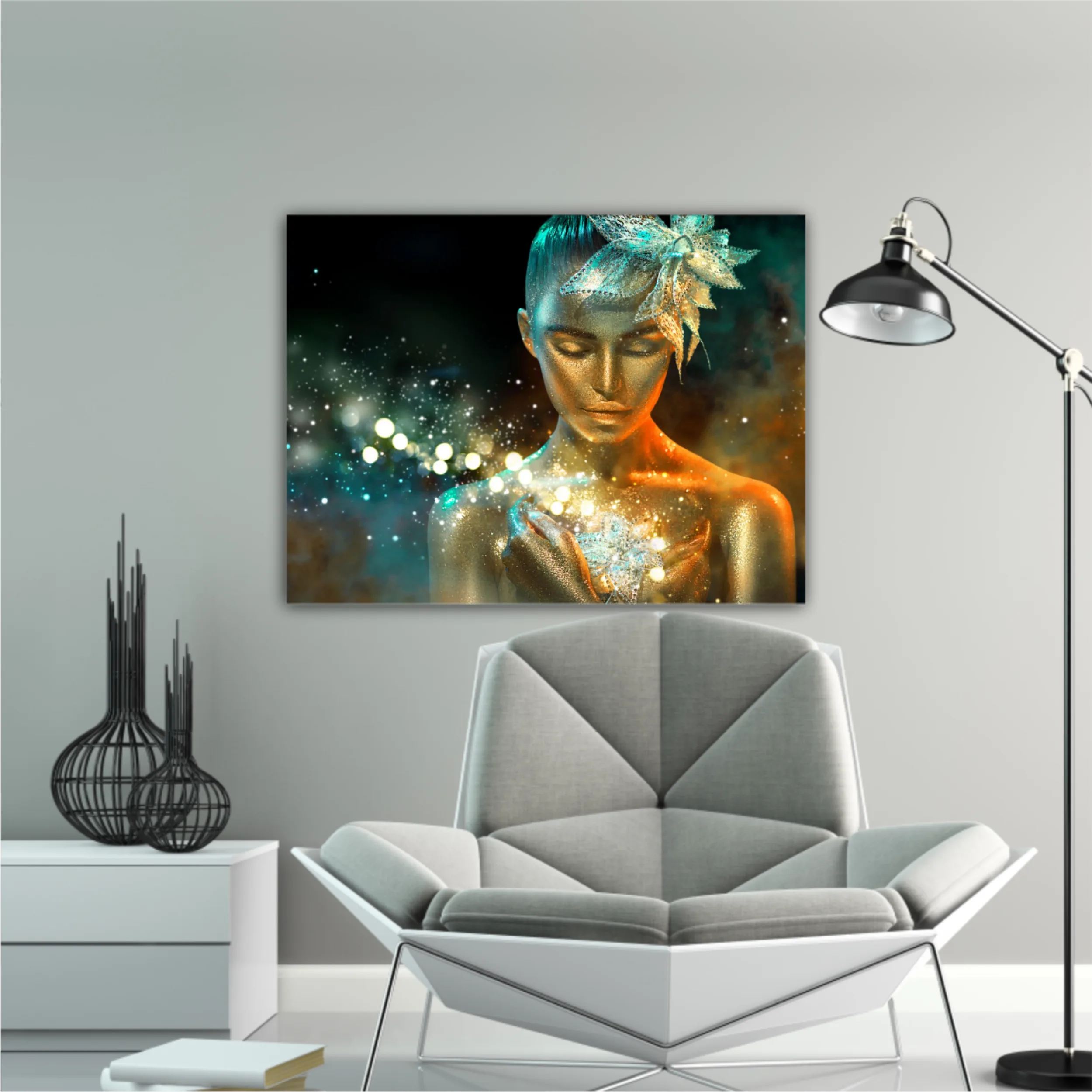 High Fashion model woman in colorful bright golden sparkles and neon lights posing with fantasy flower, portrait of beautiful girl glowing make-up