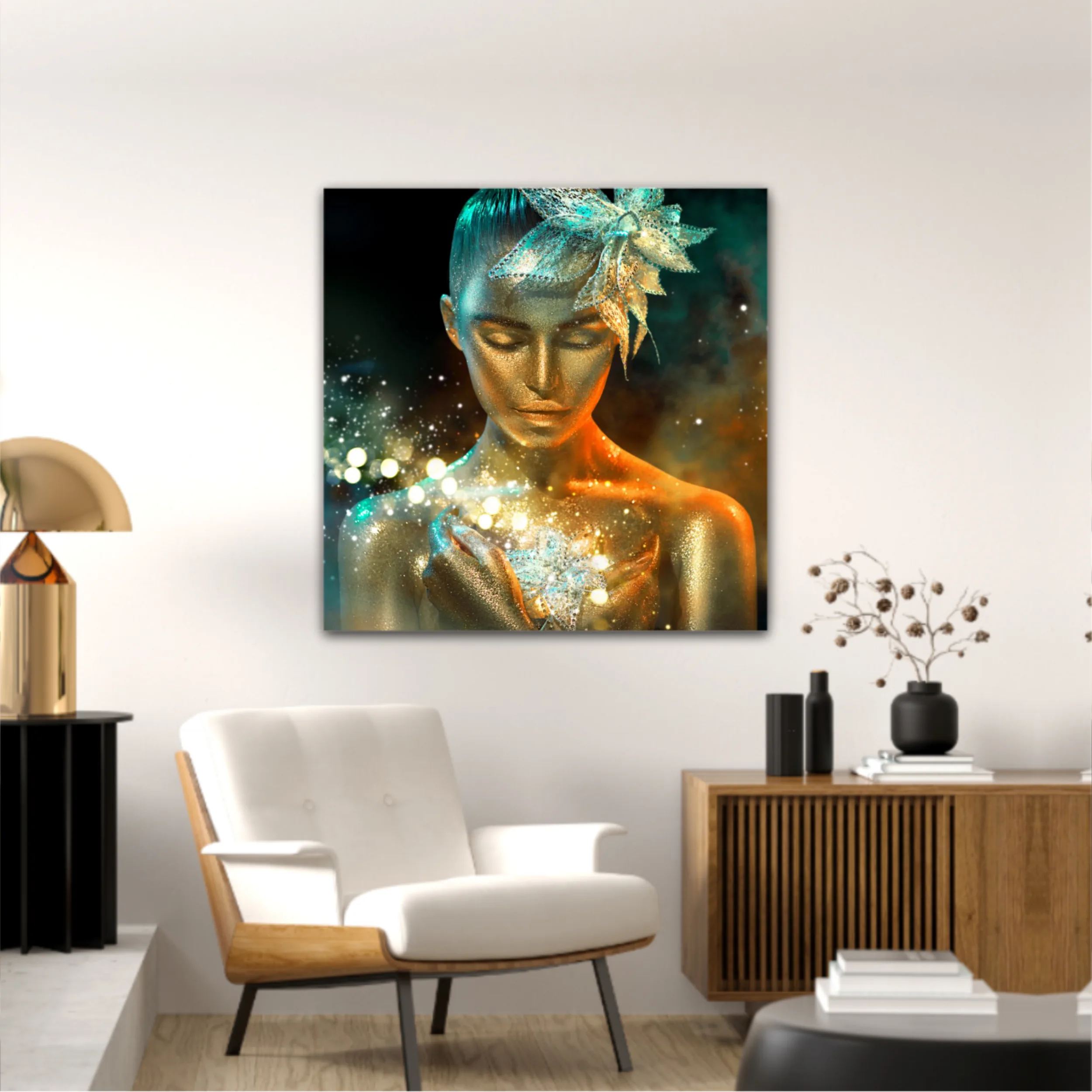 High Fashion model woman in colorful bright golden sparkles and neon lights posing with fantasy flower, portrait of beautiful girl glowing make-up