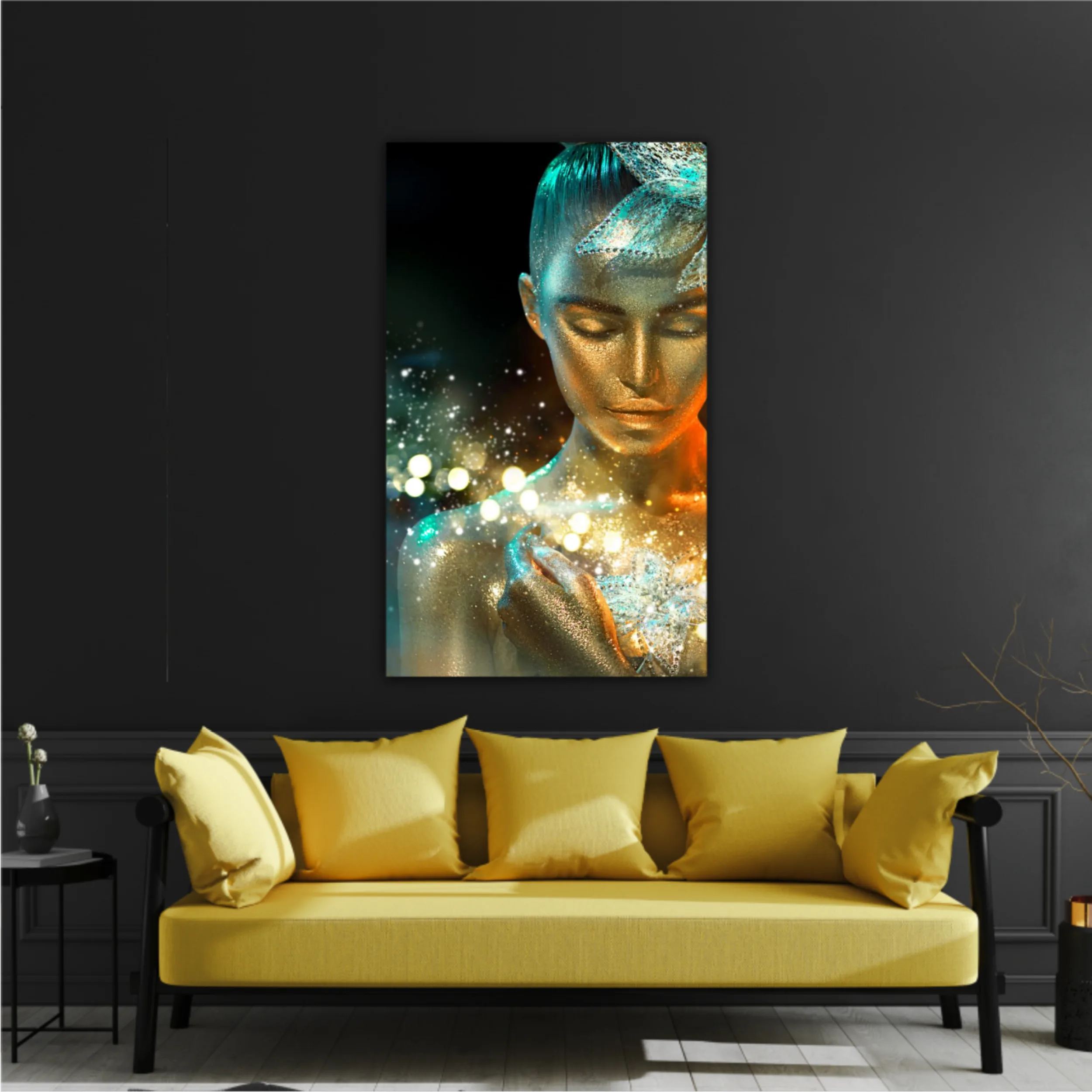 High Fashion model woman in colorful bright golden sparkles and neon lights posing with fantasy flower, portrait of beautiful girl glowing make-up