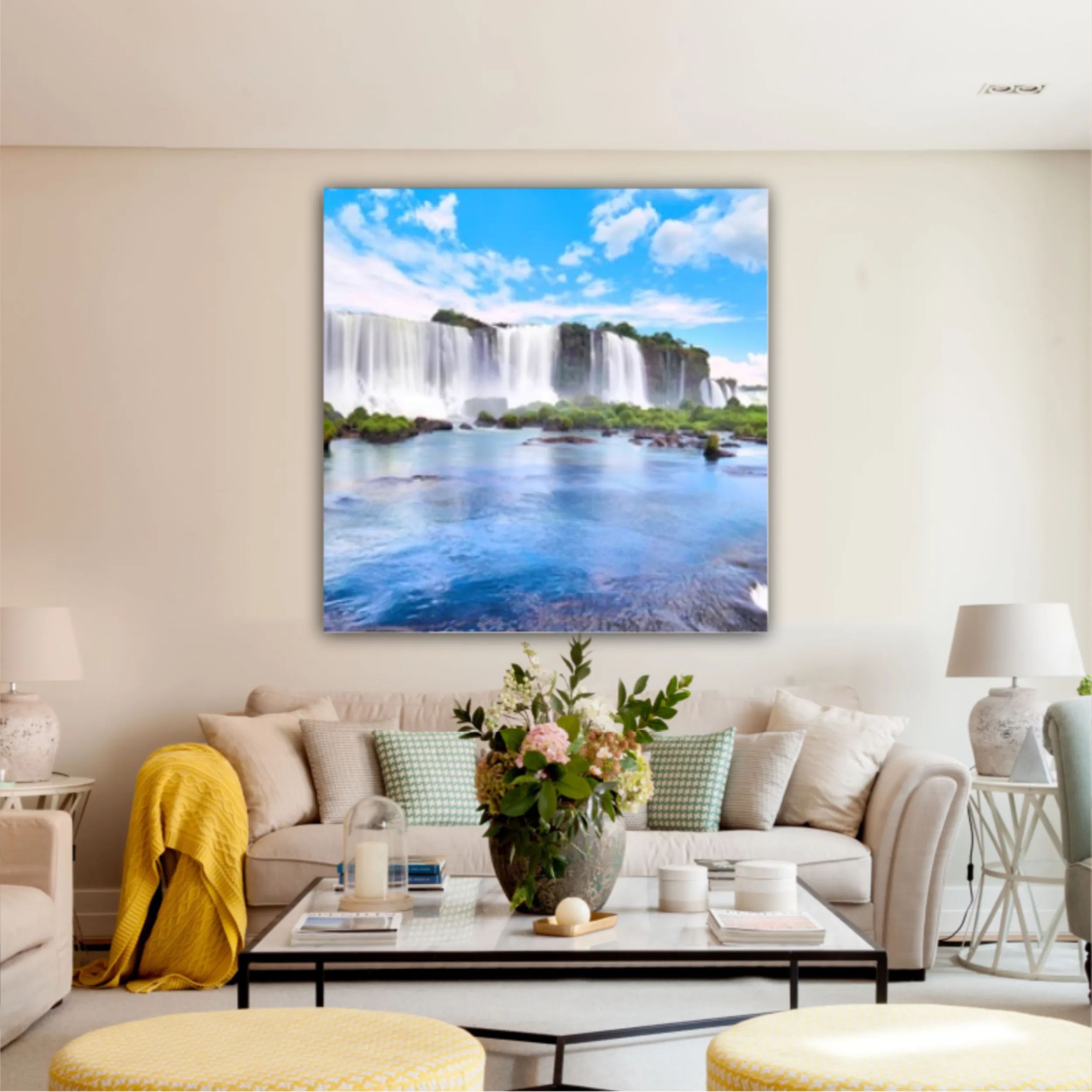 Panoramic view of many majestic powerful water cascades with mist and reflection of blue sky with clouds. Panoramic image of Iguazu valley