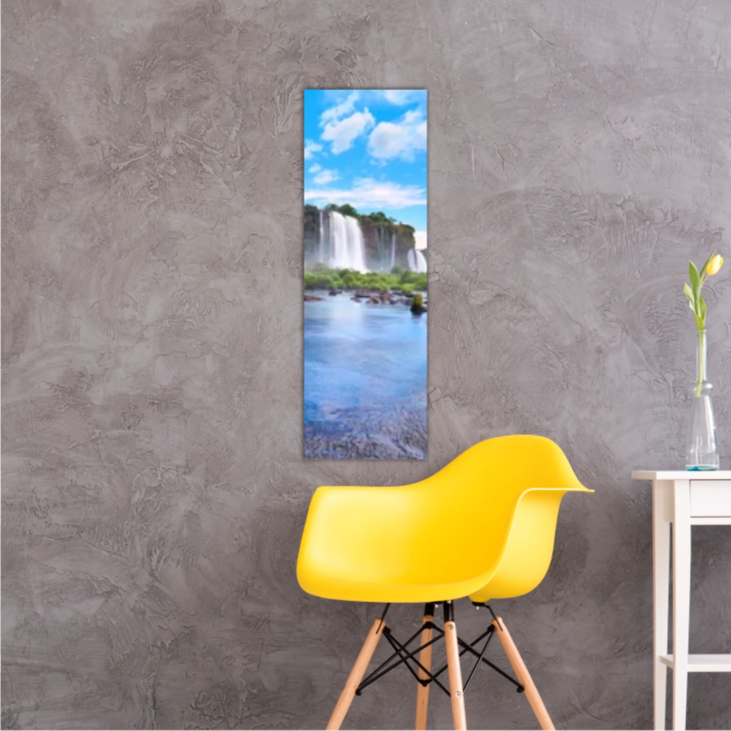 Panoramic view of many majestic powerful water cascades with mist and reflection of blue sky with clouds. Panoramic image of Iguazu valley