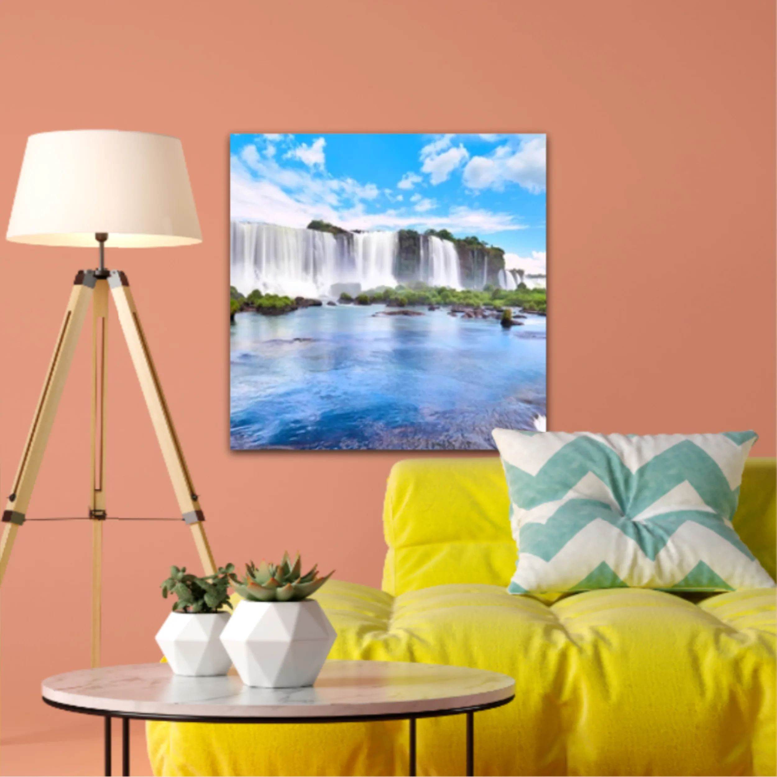 Panoramic view of many majestic powerful water cascades with mist and reflection of blue sky with clouds. Panoramic image of Iguazu valley