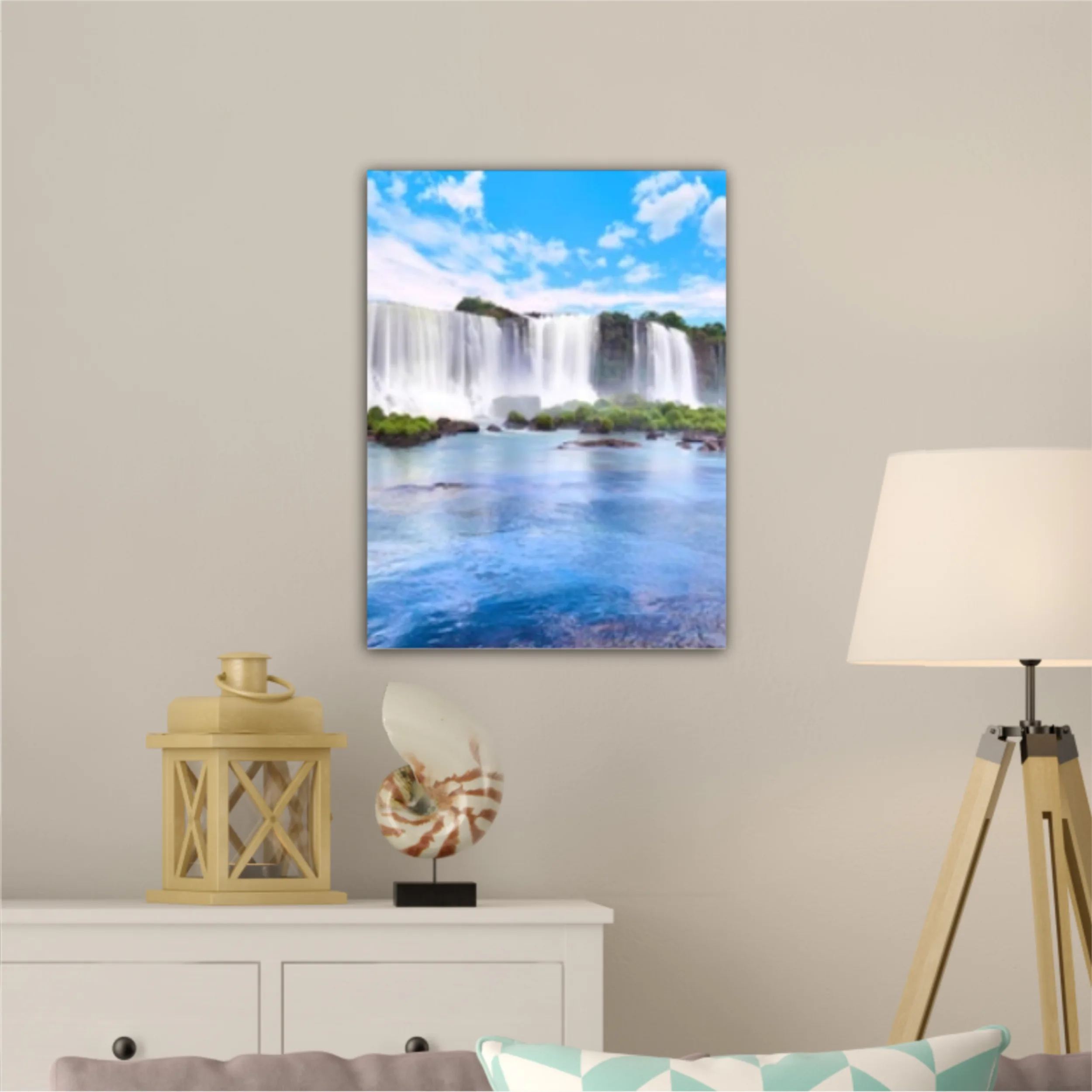 Panoramic view of many majestic powerful water cascades with mist and reflection of blue sky with clouds. Panoramic image of Iguazu valley