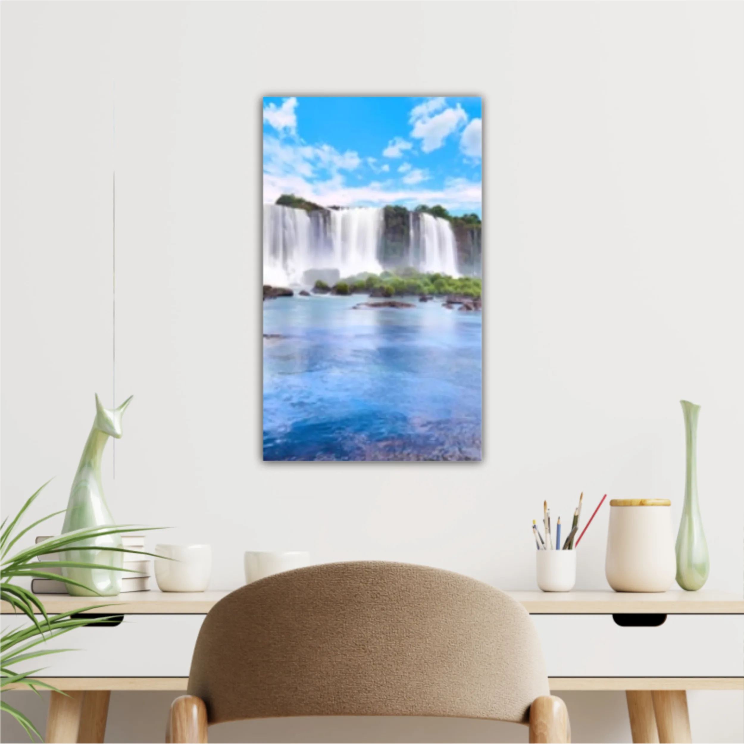 Panoramic view of many majestic powerful water cascades with mist and reflection of blue sky with clouds. Panoramic image of Iguazu valley