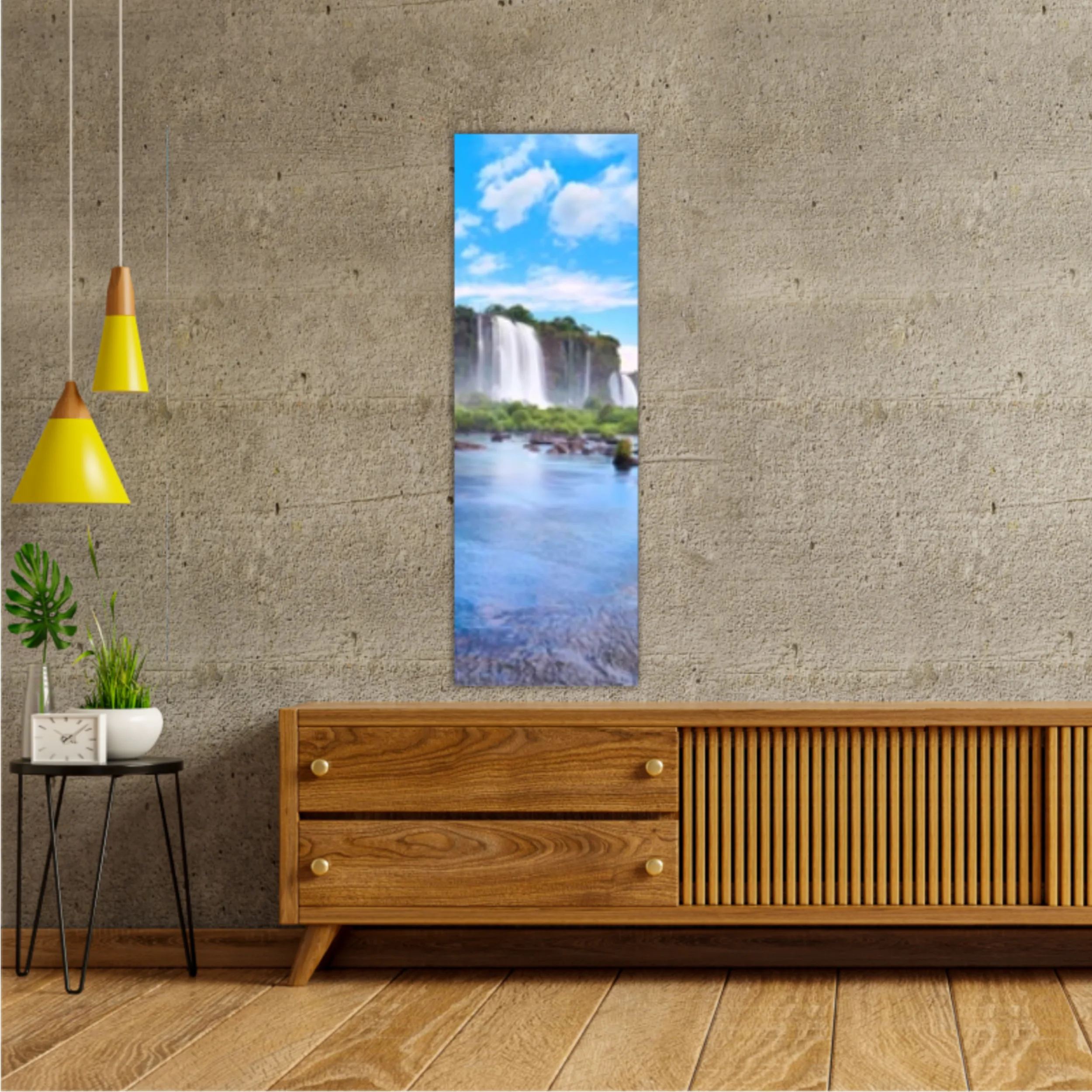 Panoramic view of many majestic powerful water cascades with mist and reflection of blue sky with clouds. Panoramic image of Iguazu valley