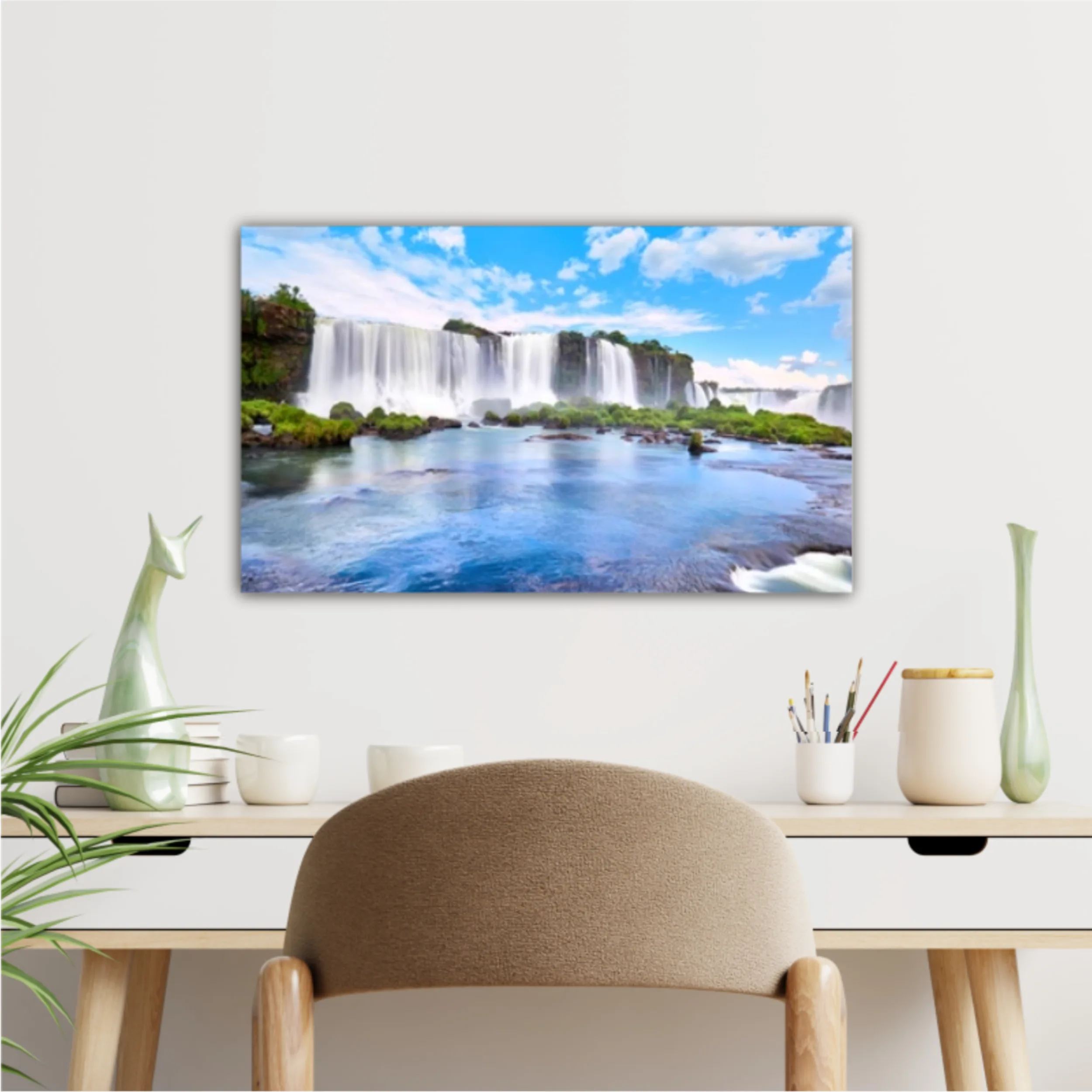 Panoramic view of many majestic powerful water cascades with mist and reflection of blue sky with clouds. Panoramic image of Iguazu valley