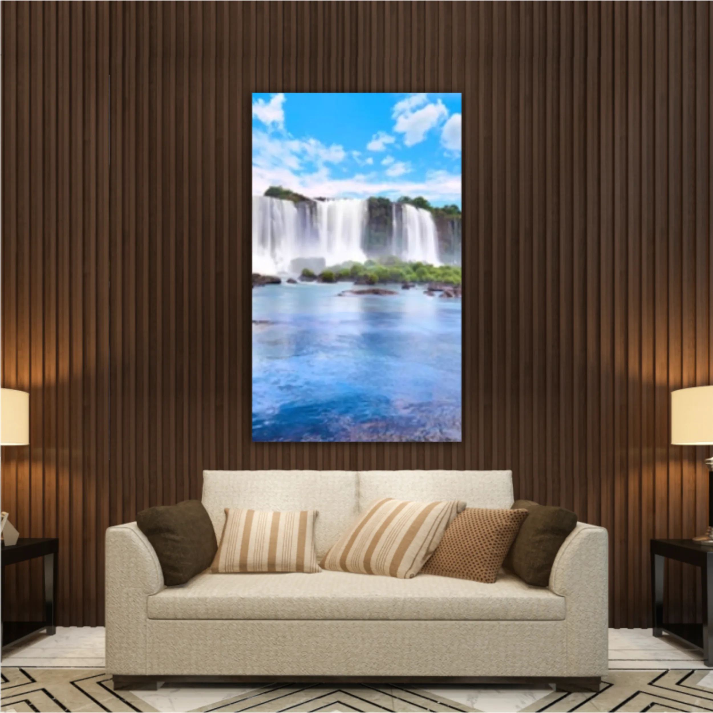 Panoramic view of many majestic powerful water cascades with mist and reflection of blue sky with clouds. Panoramic image of Iguazu valley