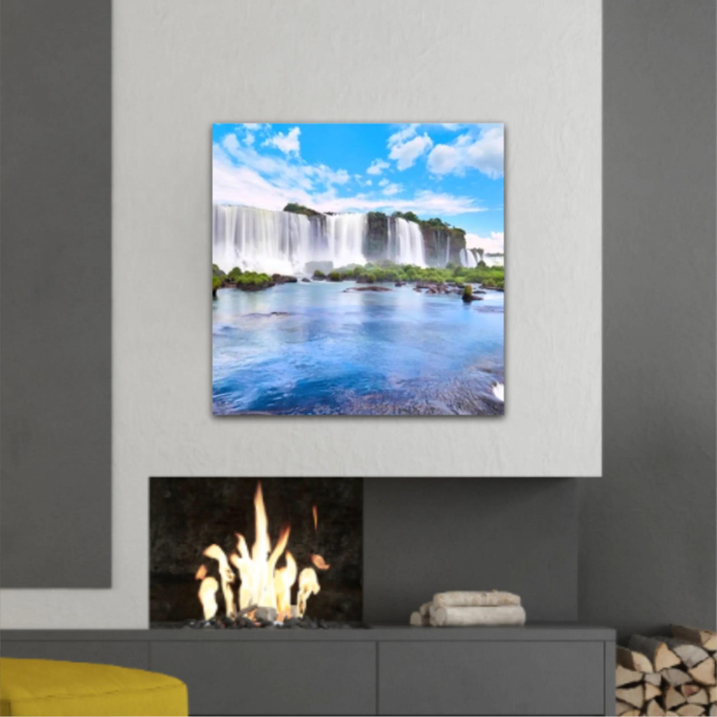 Panoramic view of many majestic powerful water cascades with mist and reflection of blue sky with clouds. Panoramic image of Iguazu valley