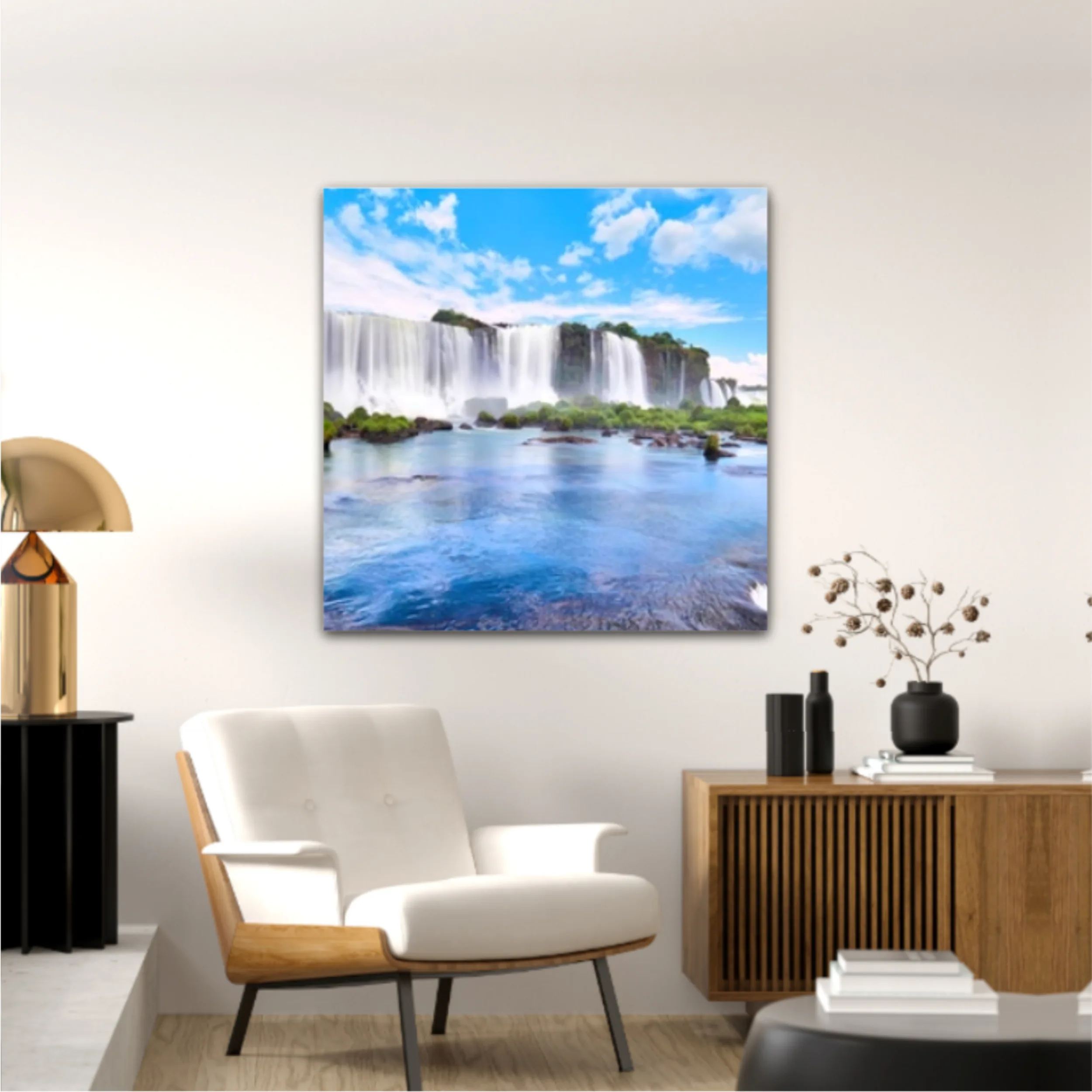 Panoramic view of many majestic powerful water cascades with mist and reflection of blue sky with clouds. Panoramic image of Iguazu valley