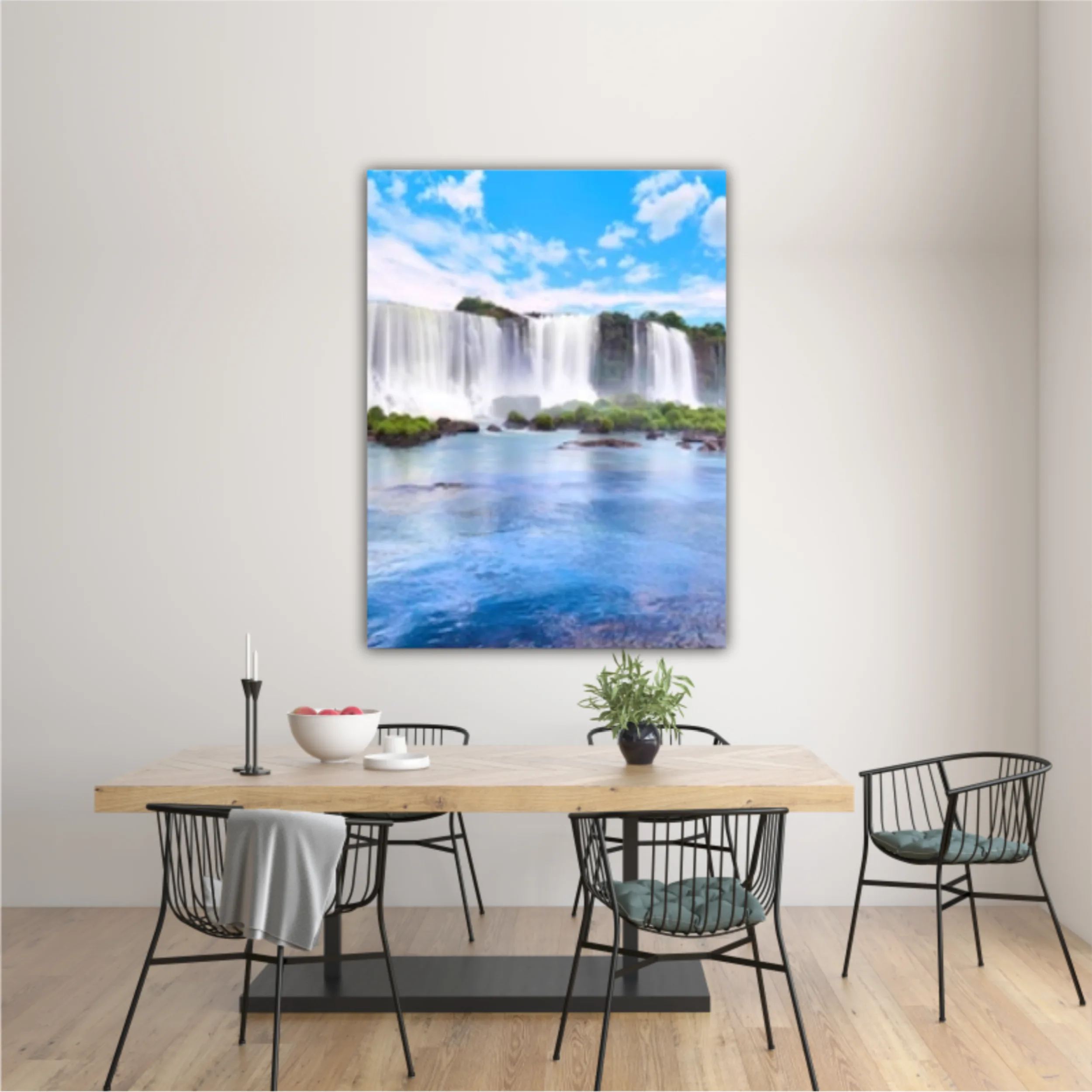 Panoramic view of many majestic powerful water cascades with mist and reflection of blue sky with clouds. Panoramic image of Iguazu valley