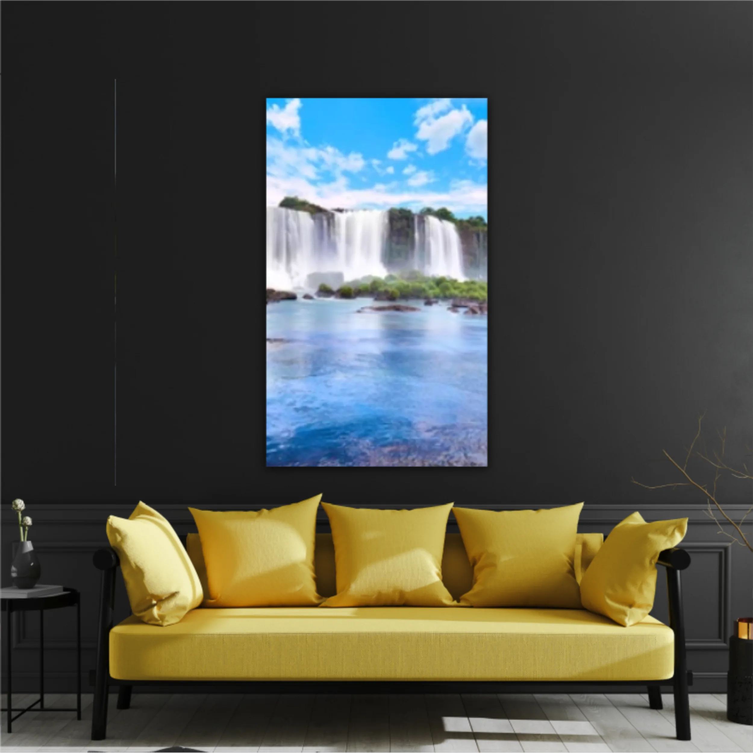 Panoramic view of many majestic powerful water cascades with mist and reflection of blue sky with clouds. Panoramic image of Iguazu valley