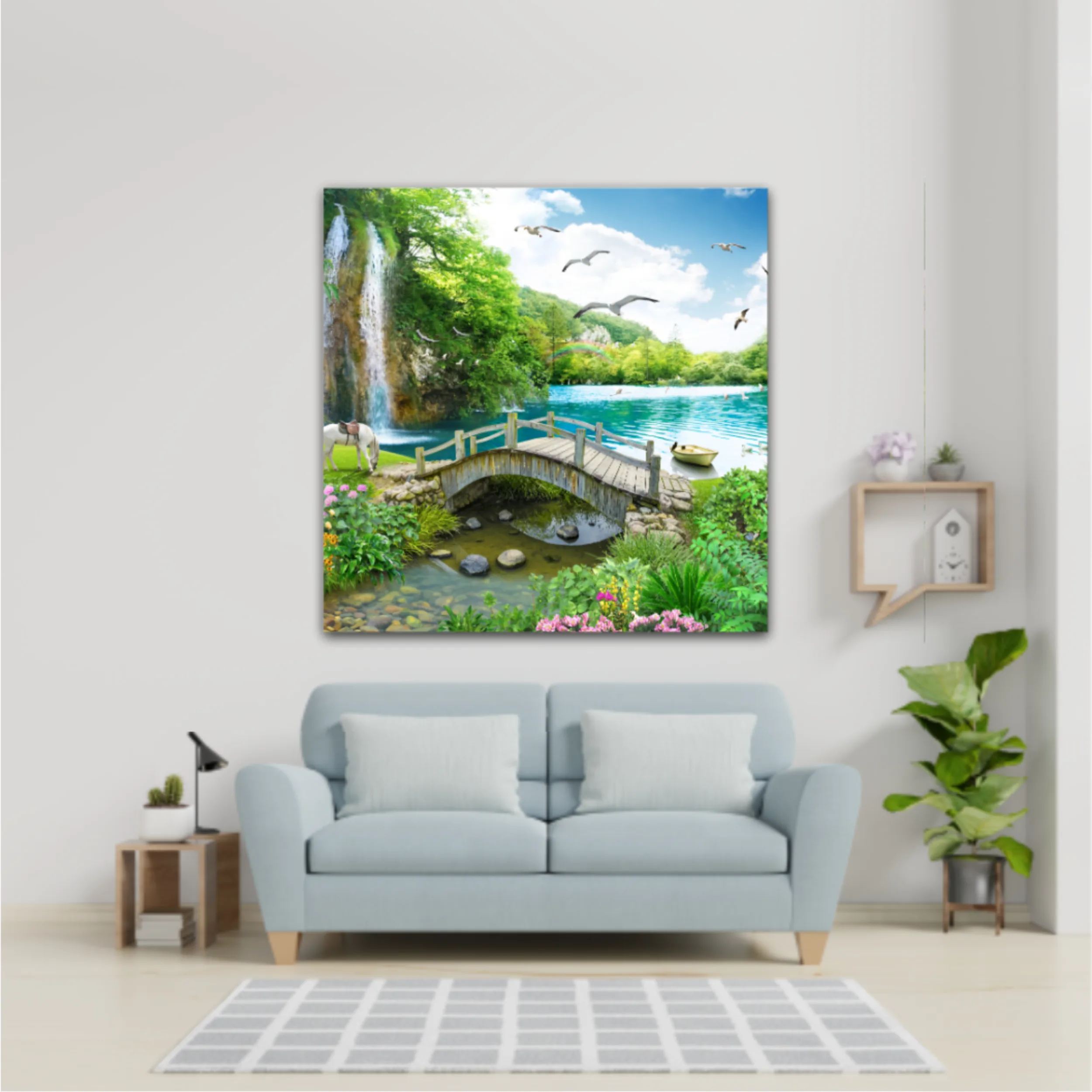 tropical view with waterfall, lake, bird, white horse and wood bridge