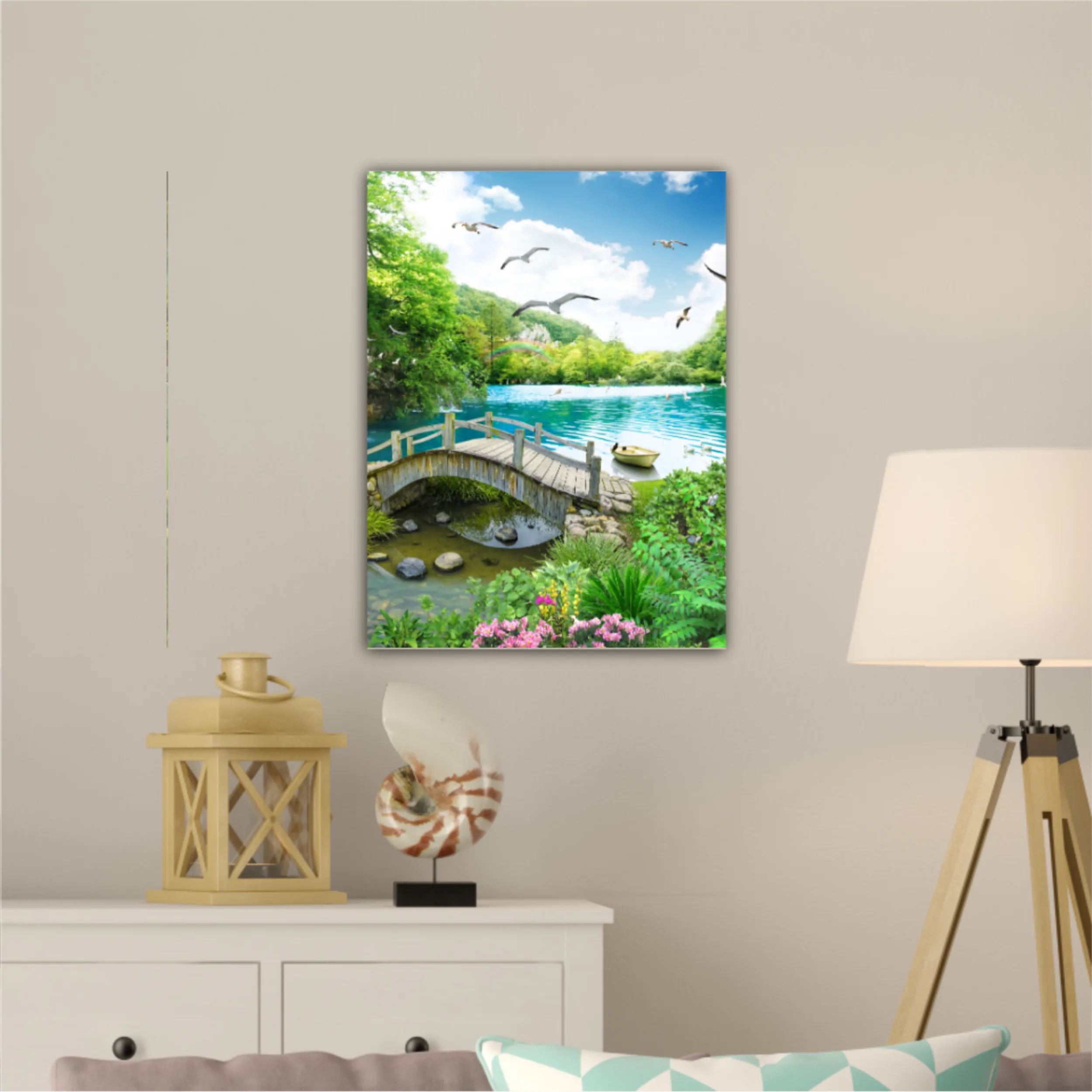 tropical view with waterfall, lake, bird, white horse and wood bridge