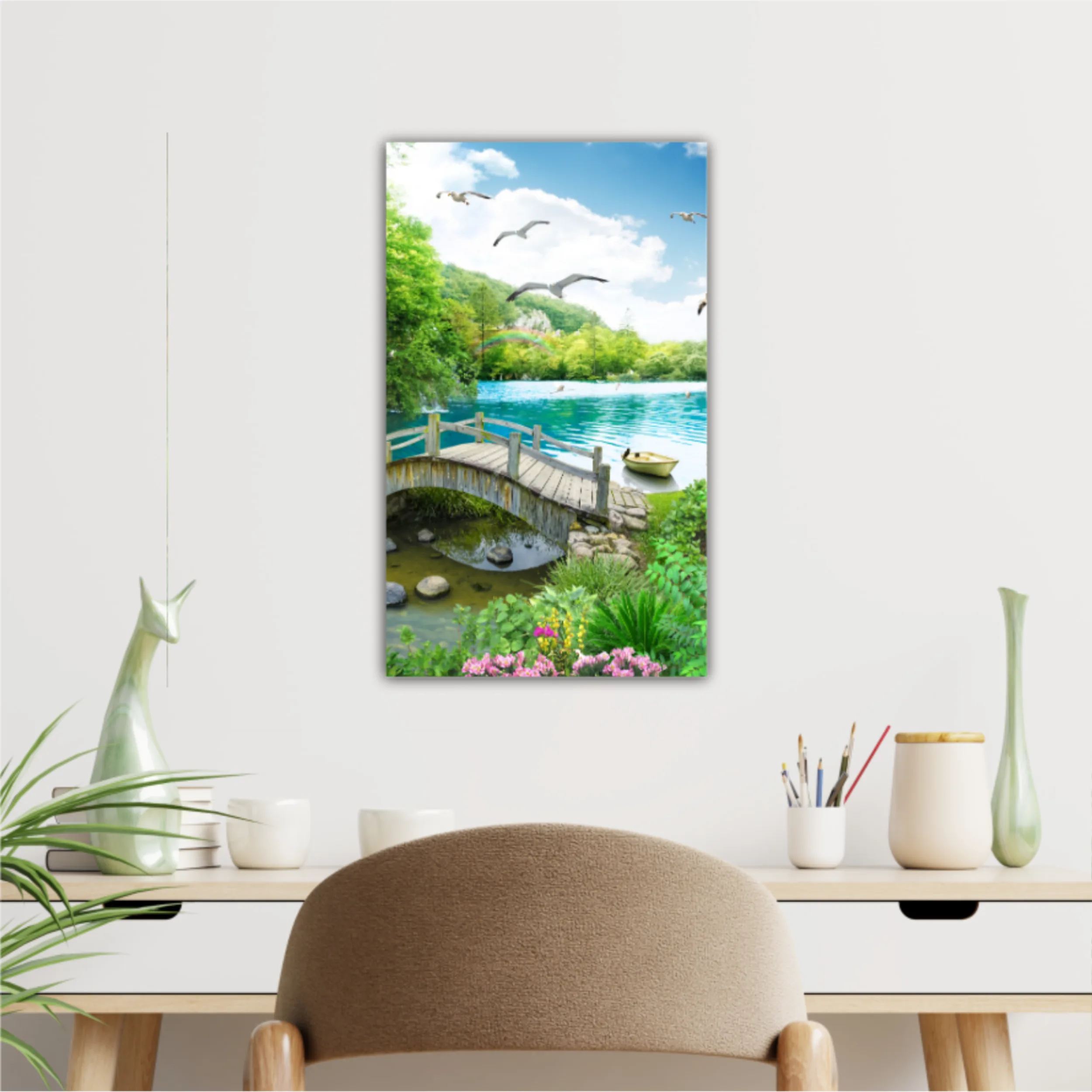 tropical view with waterfall, lake, bird, white horse and wood bridge