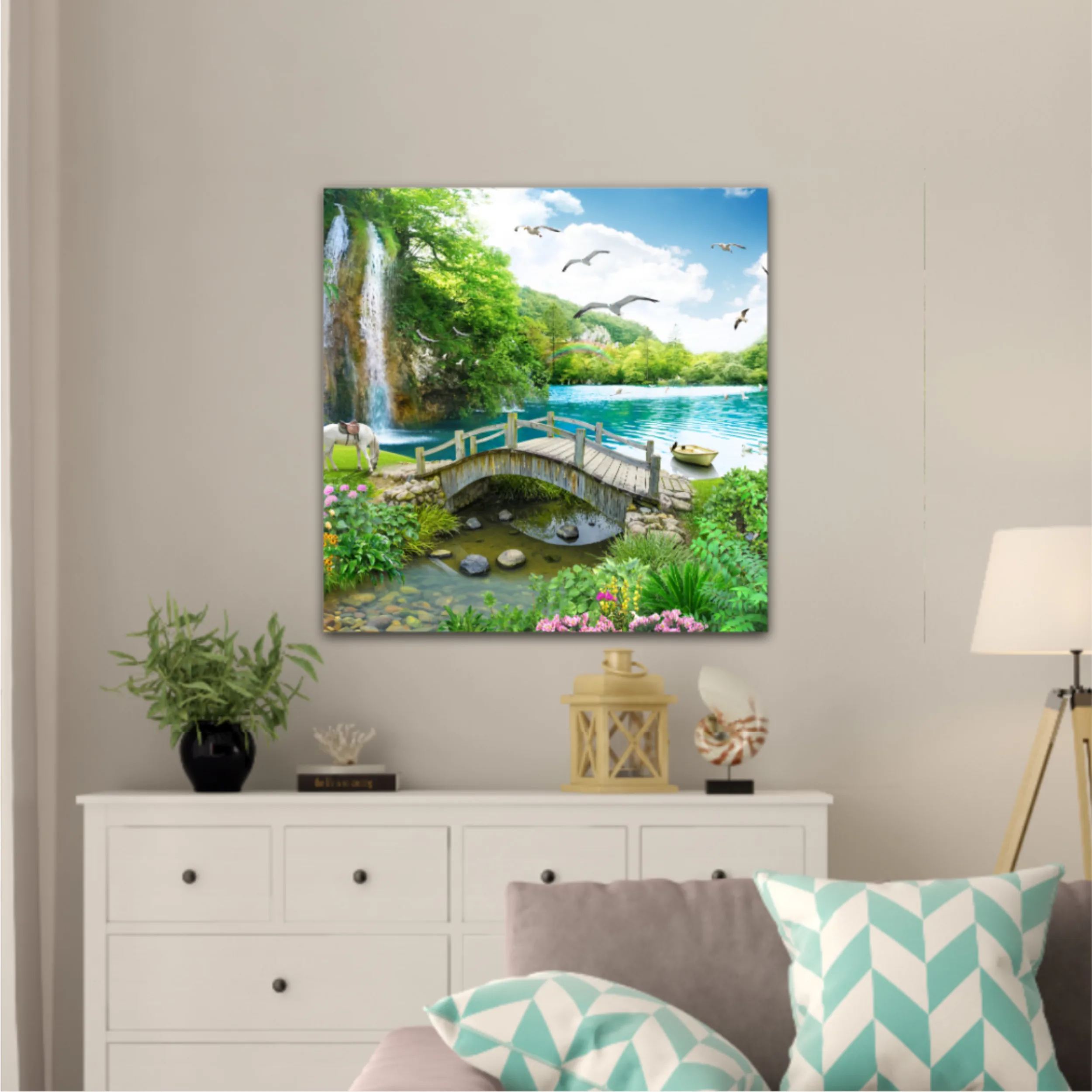 tropical view with waterfall, lake, bird, white horse and wood bridge