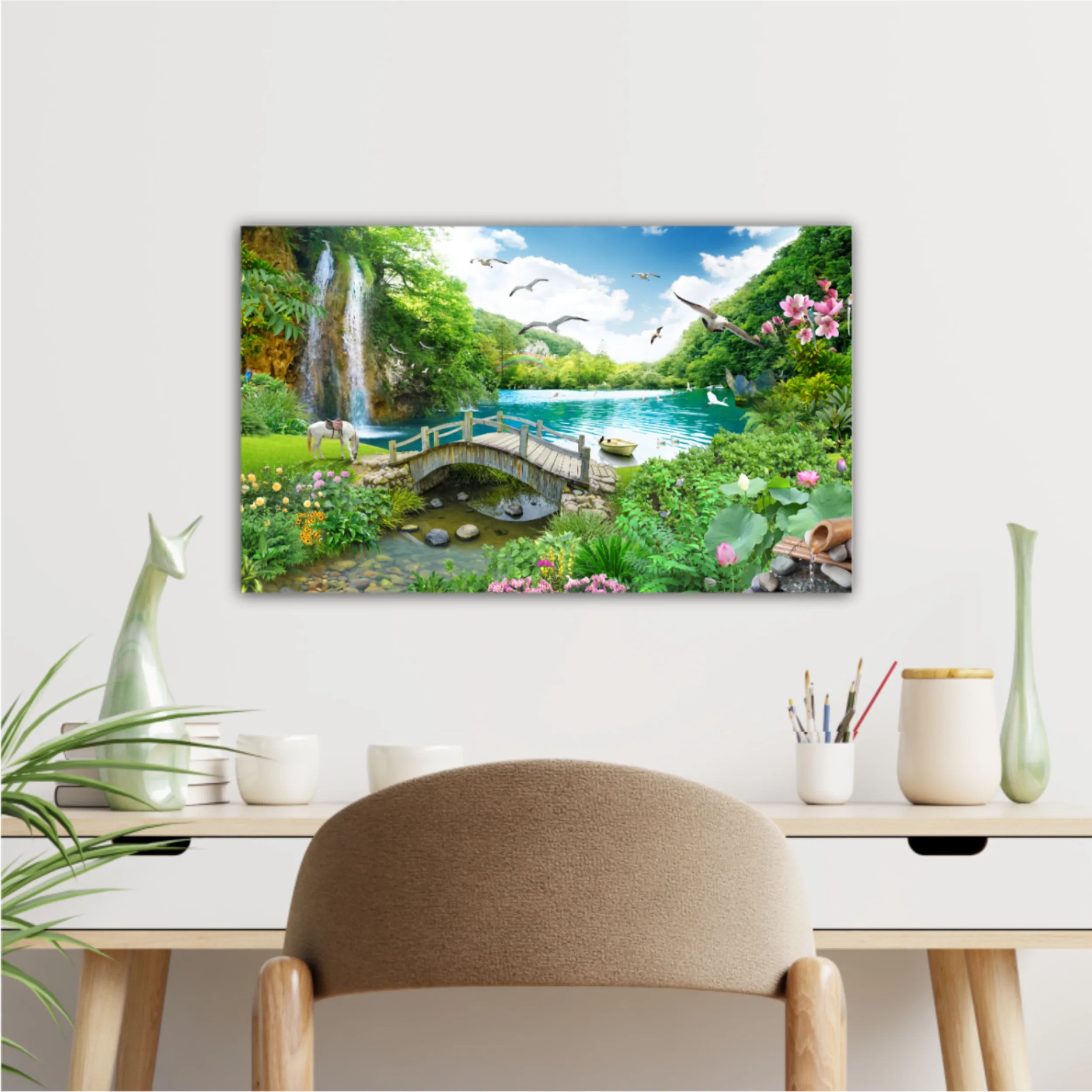 tropical view with waterfall, lake, bird, white horse and wood bridge