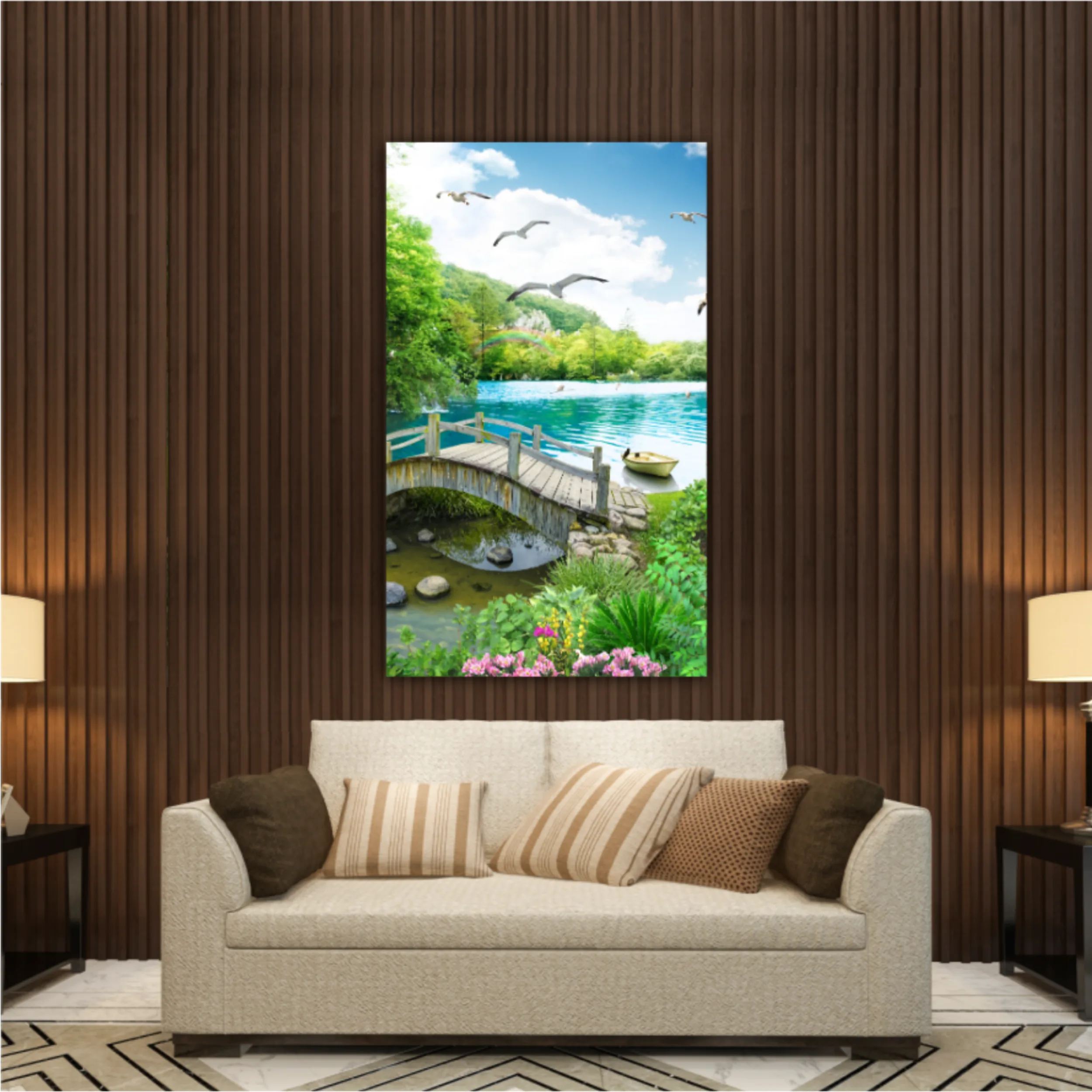 tropical view with waterfall, lake, bird, white horse and wood bridge