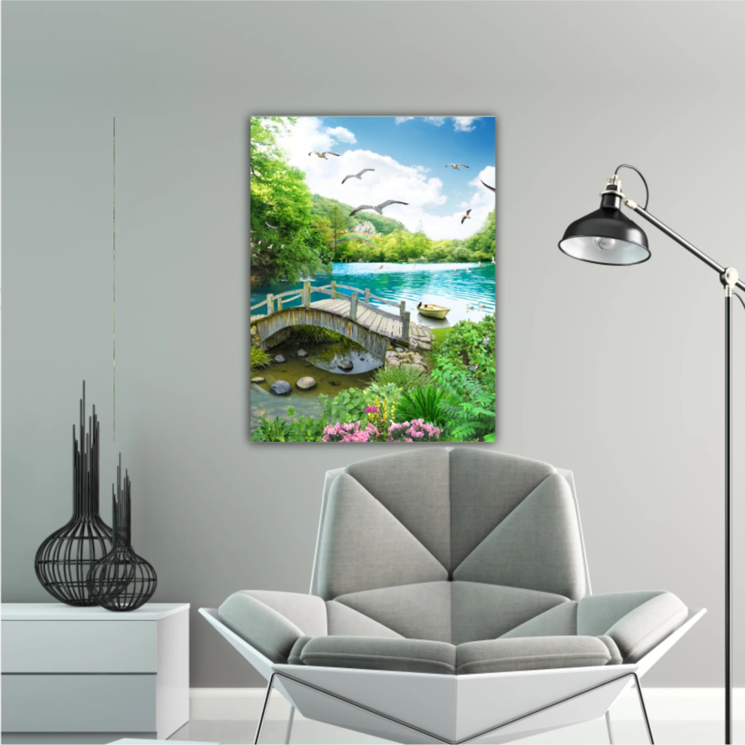 tropical view with waterfall, lake, bird, white horse and wood bridge