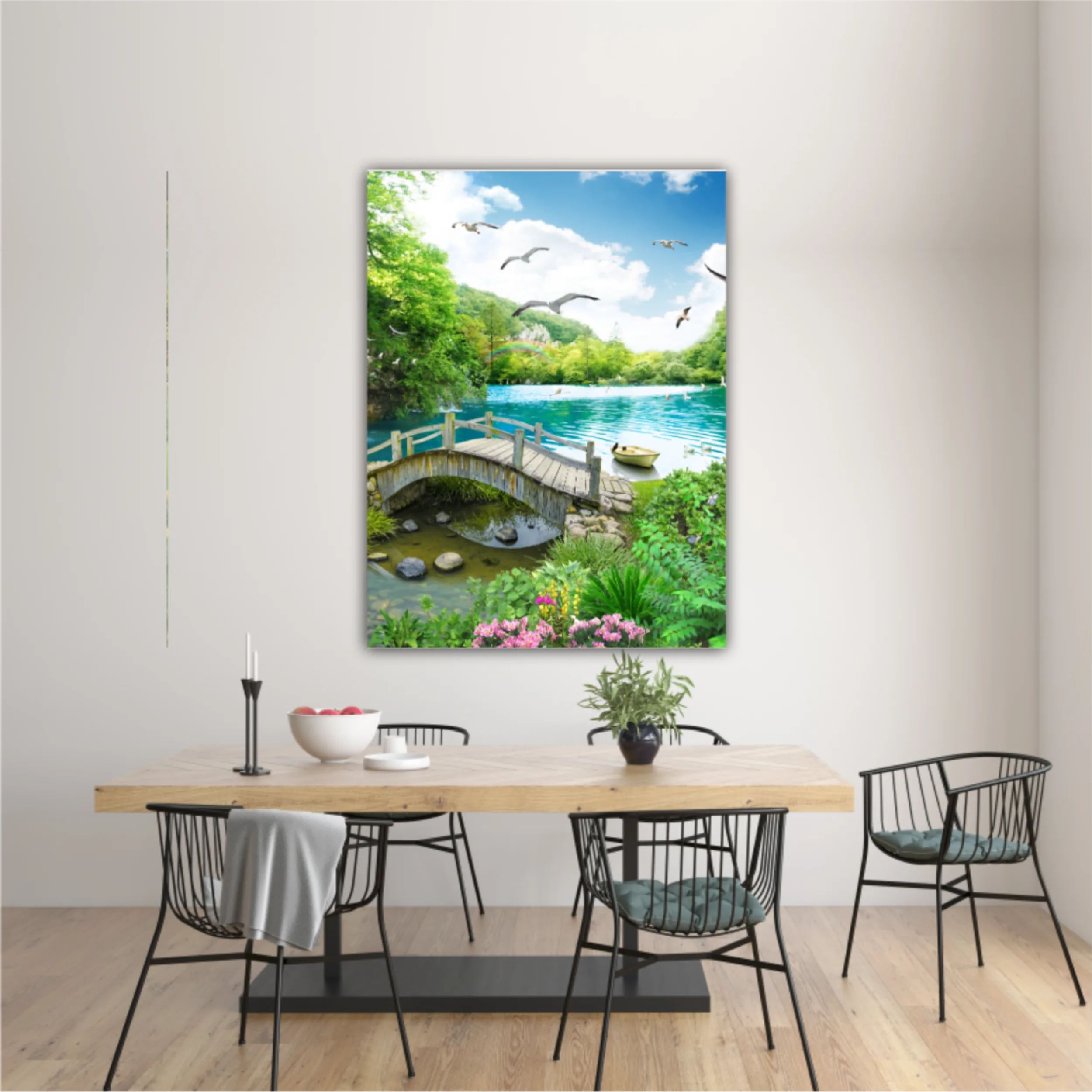 tropical view with waterfall, lake, bird, white horse and wood bridge