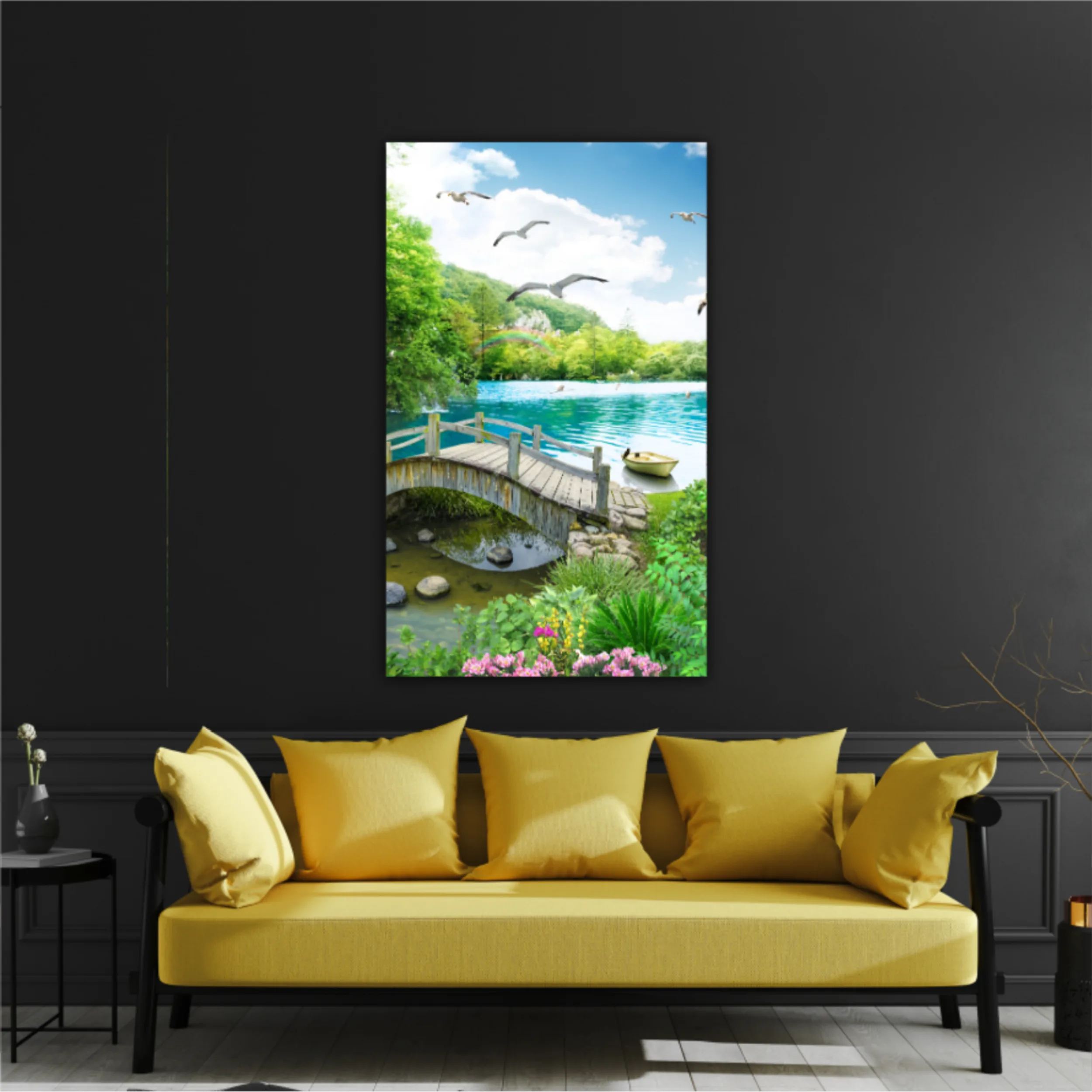 tropical view with waterfall, lake, bird, white horse and wood bridge