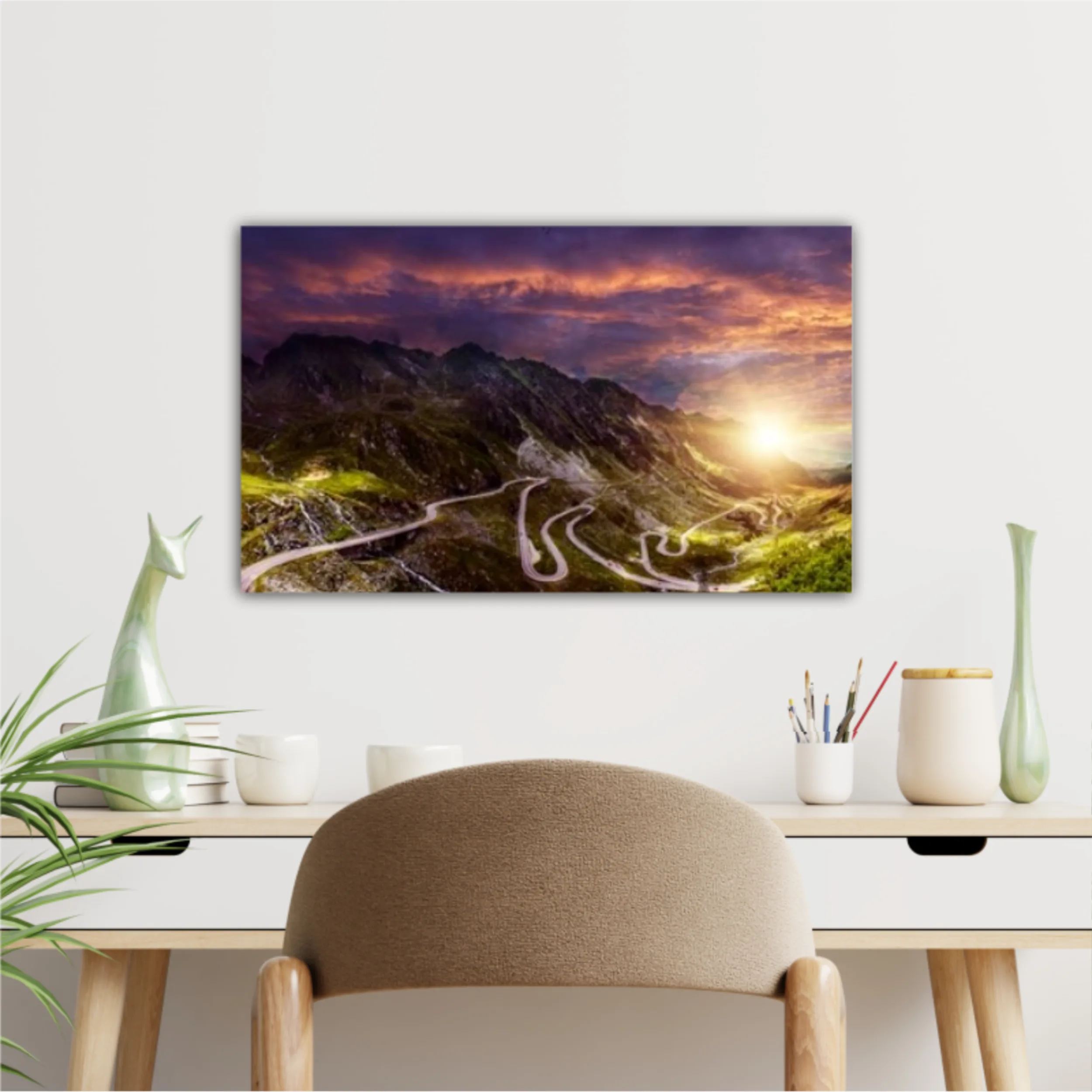 Transfagarash road - majestic mountain scenery. fantastic sunset in mountains. colorful sky over the Transfaganskaya highway, glowiing in sunlight