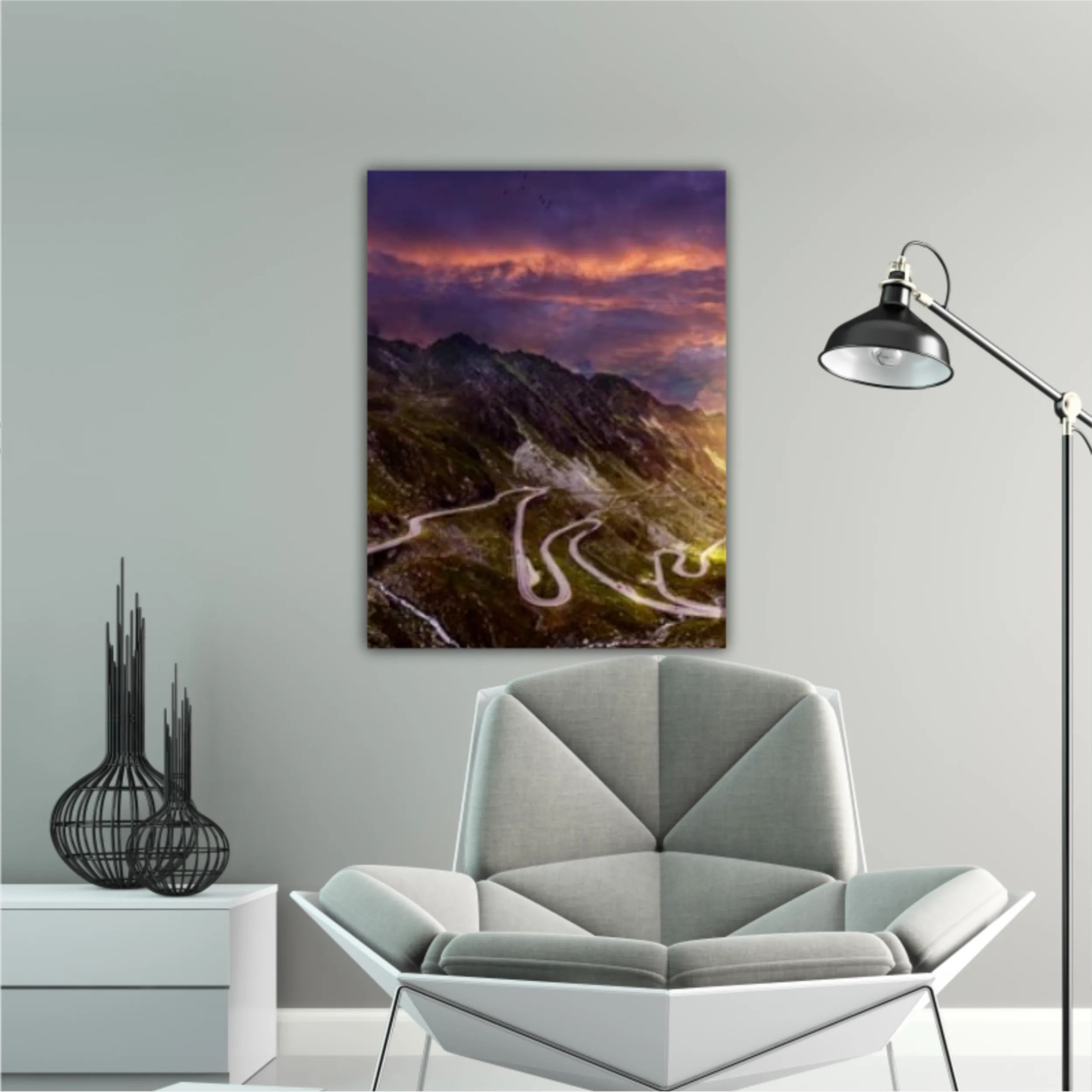 Transfagarash road - majestic mountain scenery. fantastic sunset in mountains. colorful sky over the Transfaganskaya highway, glowiing in sunlight