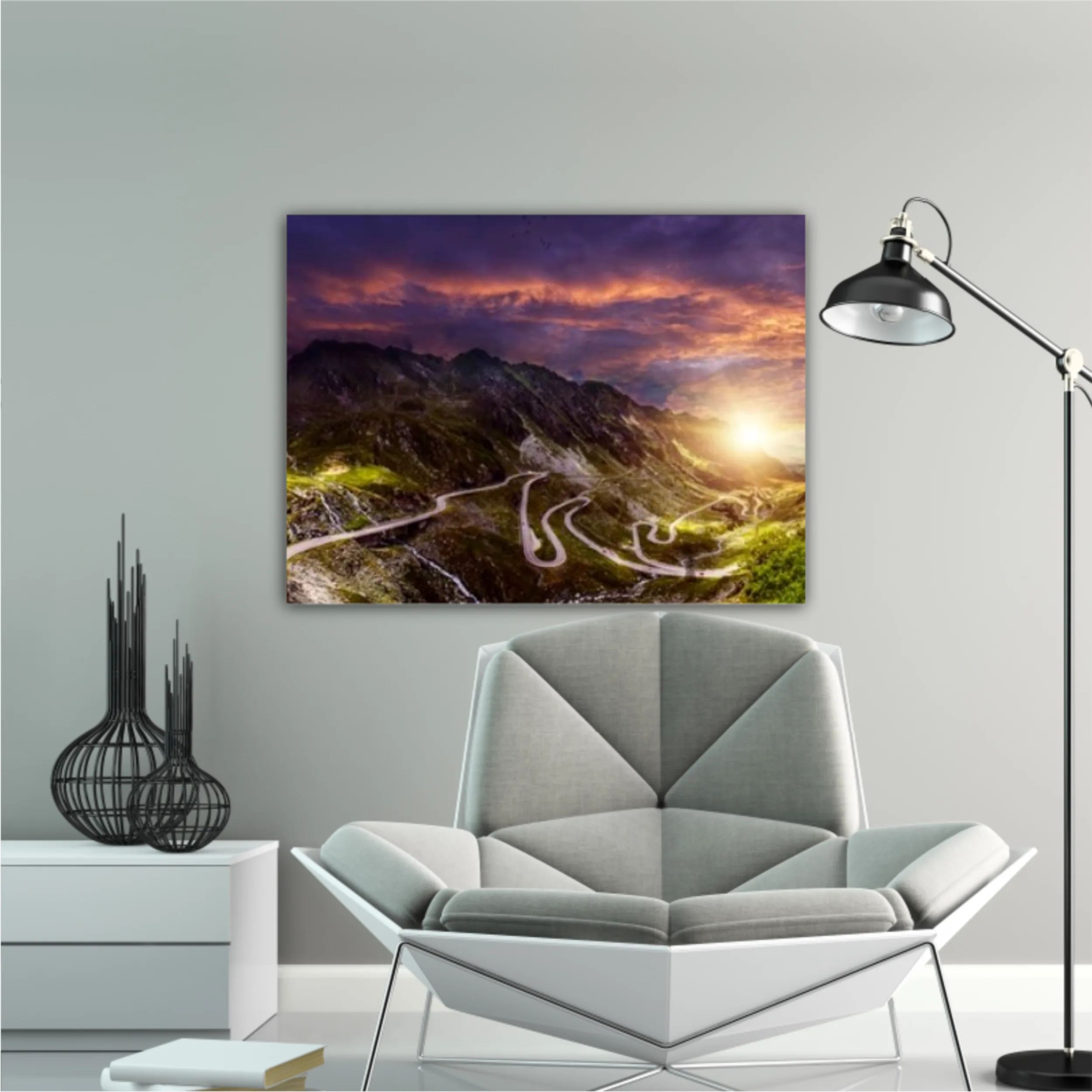 Transfagarash road - majestic mountain scenery. fantastic sunset in mountains. colorful sky over the Transfaganskaya highway, glowiing in sunlight