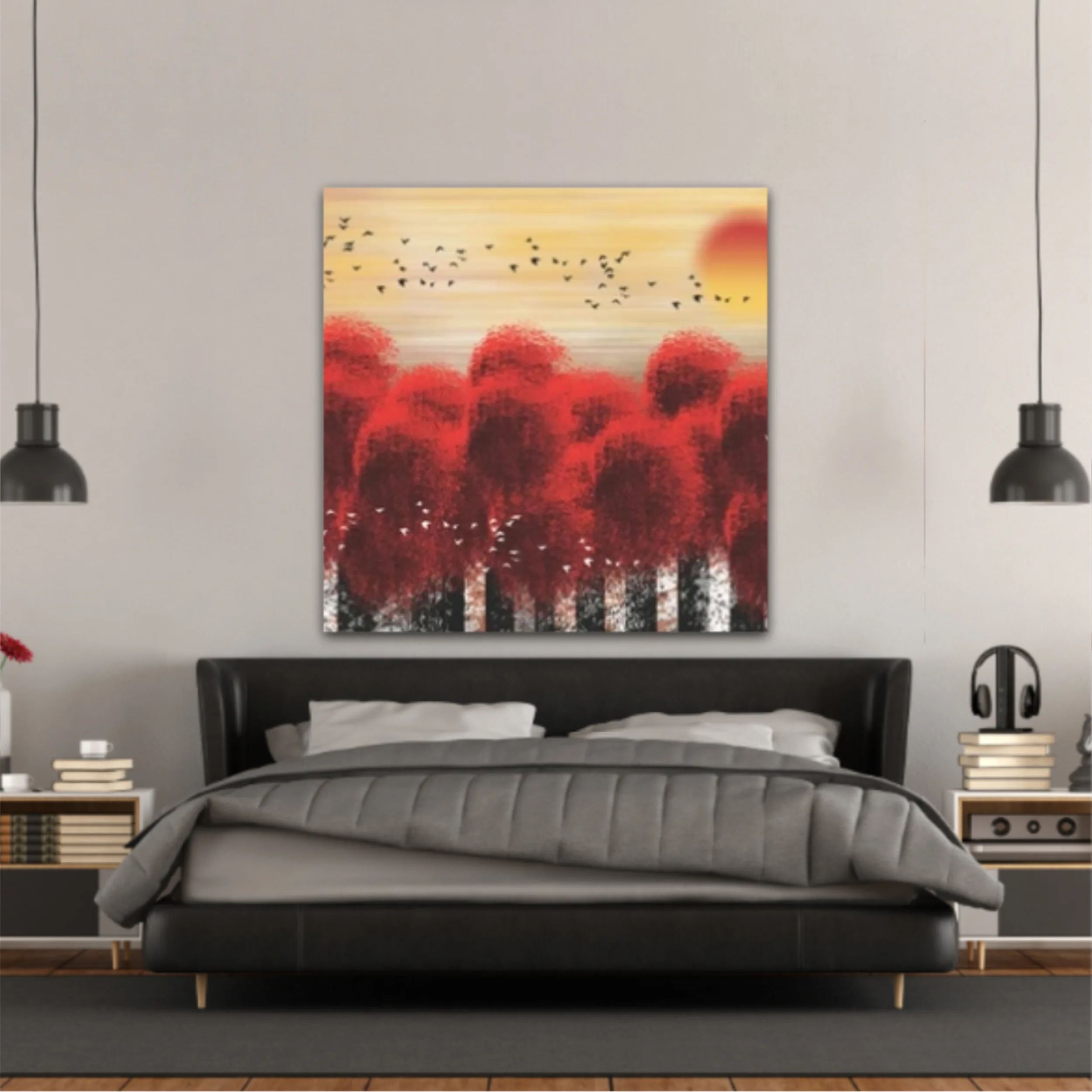 3d illustration image of red tree forest and flock of birds flying in the sky