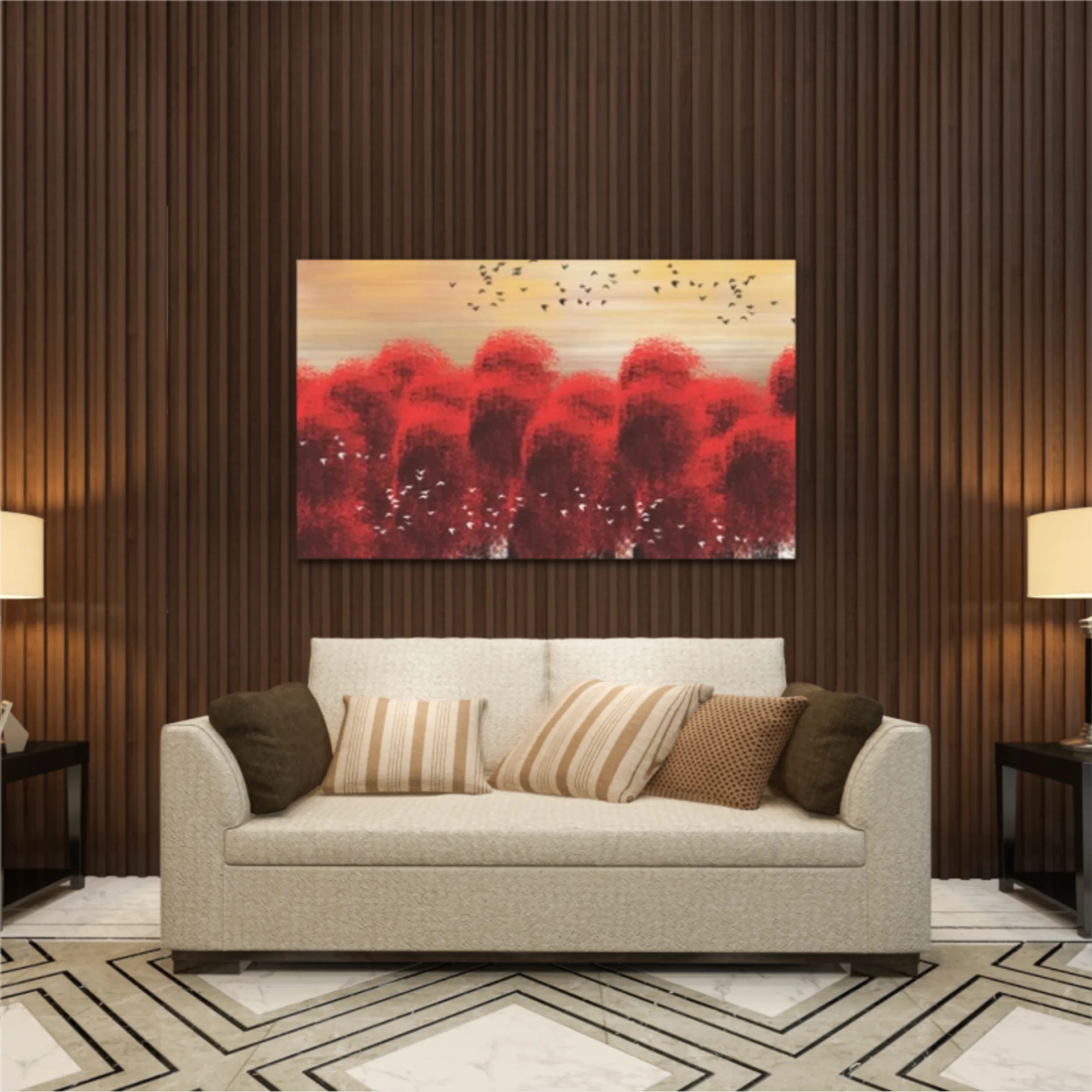 3d illustration image of red tree forest and flock of birds flying in the sky