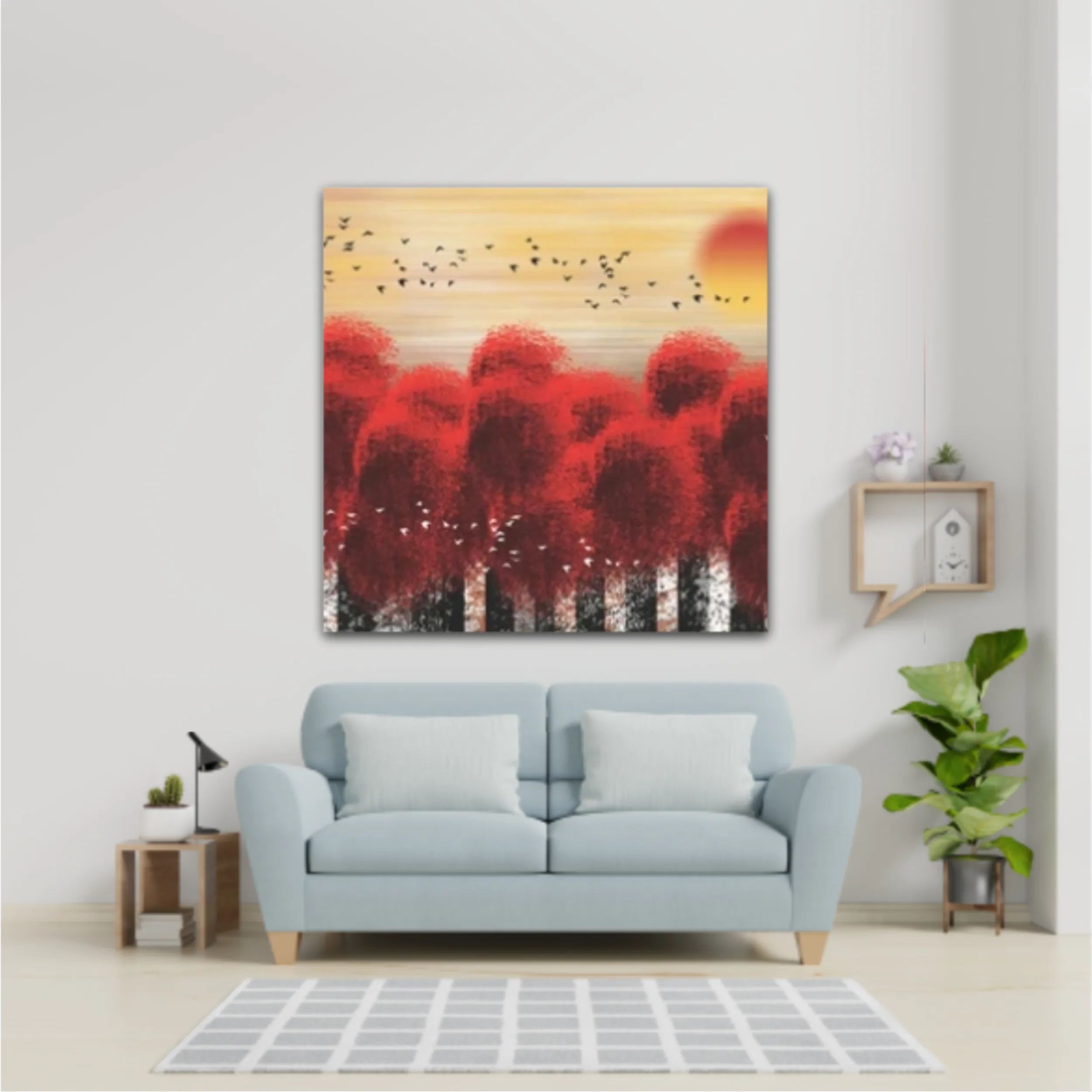 3d illustration image of red tree forest and flock of birds flying in the sky