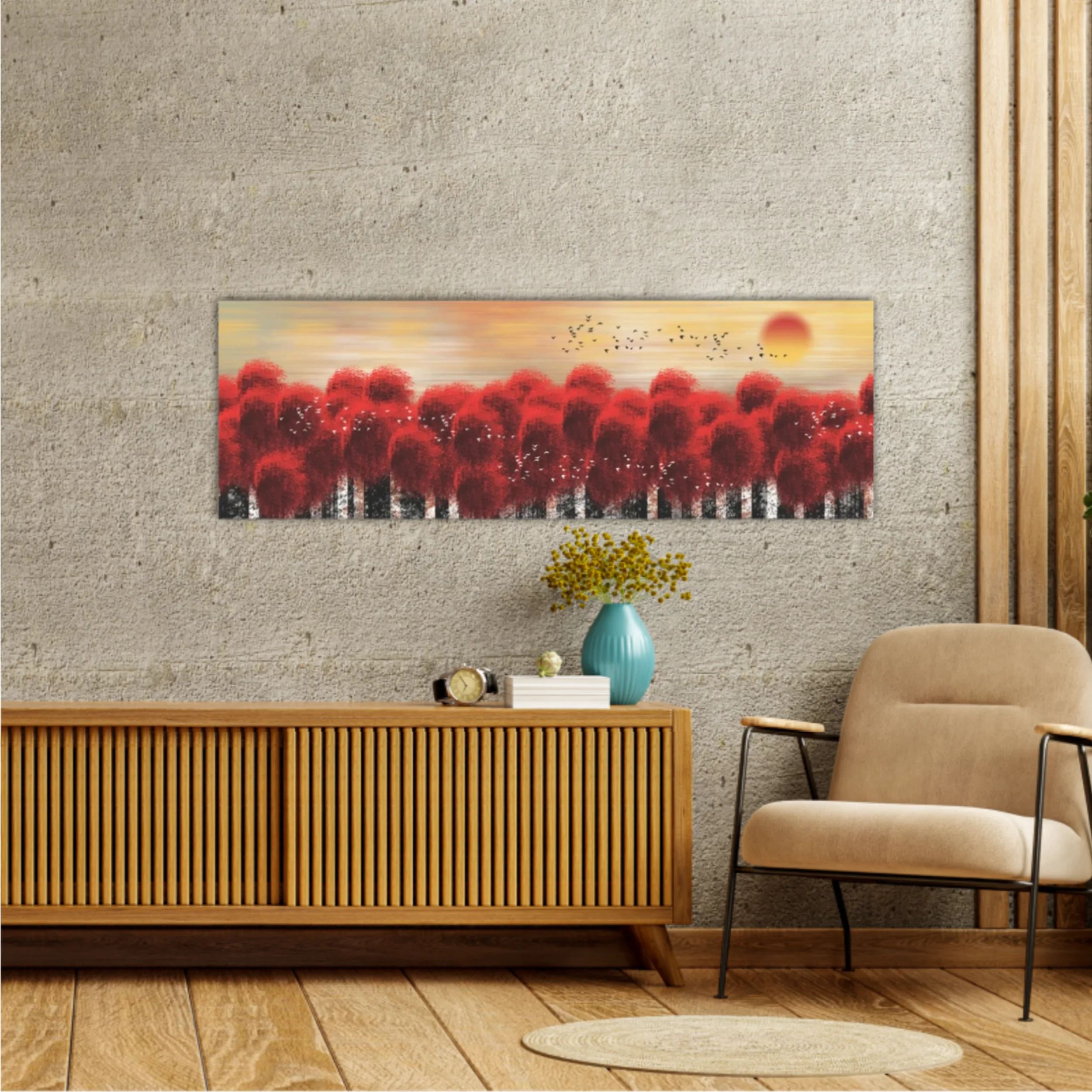 3d illustration image of red tree forest and flock of birds flying in the sky