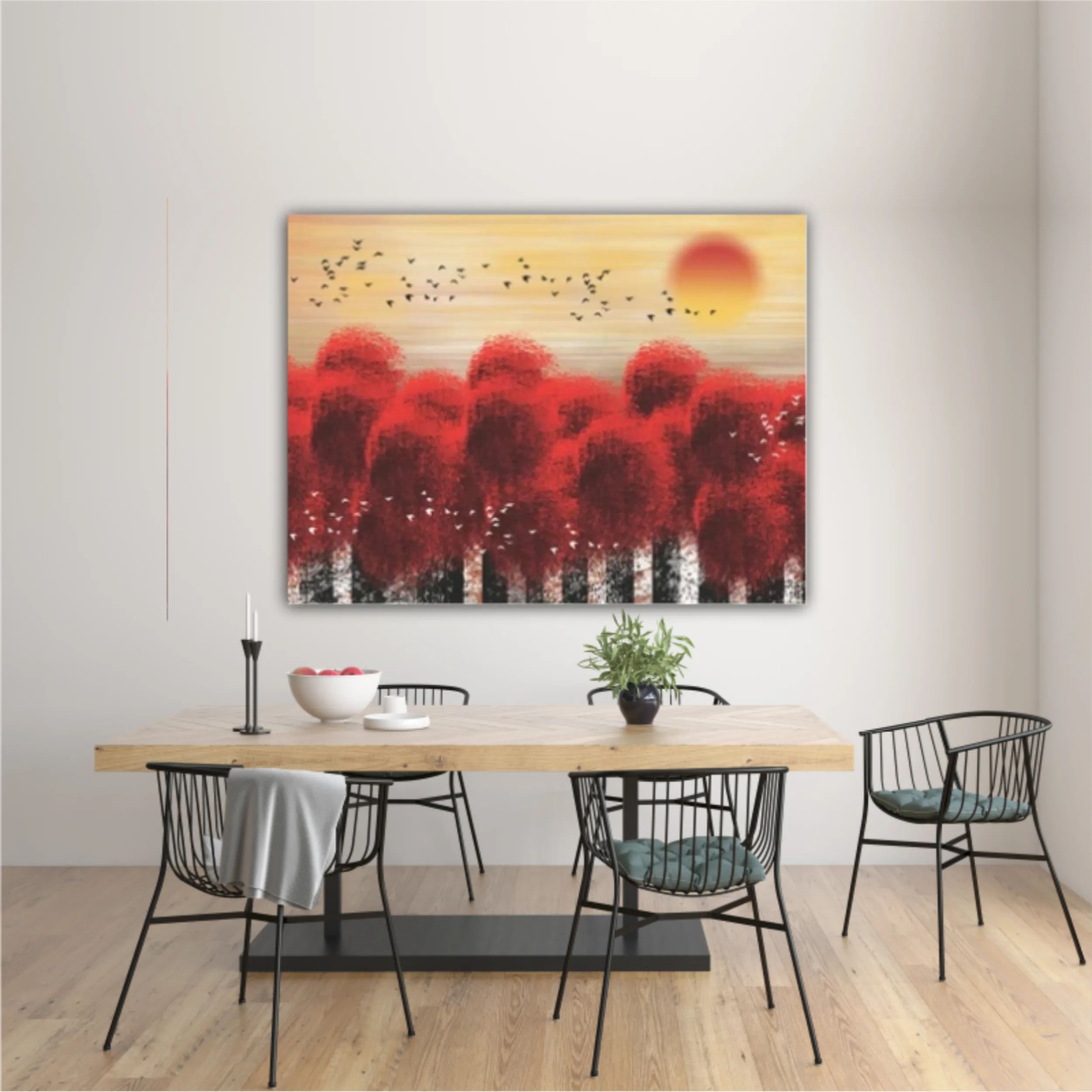 3d illustration image of red tree forest and flock of birds flying in the sky