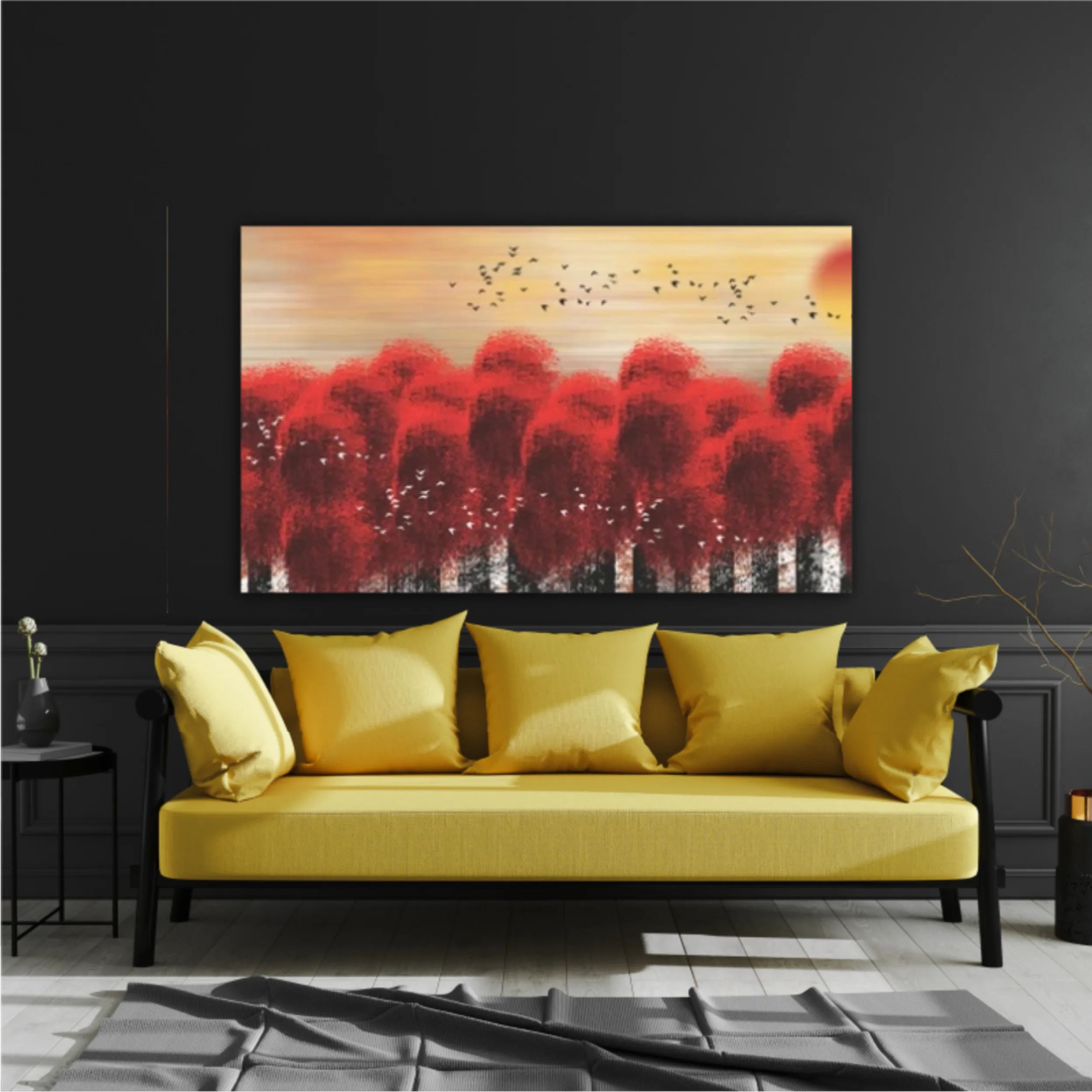 3d illustration image of red tree forest and flock of birds flying in the sky