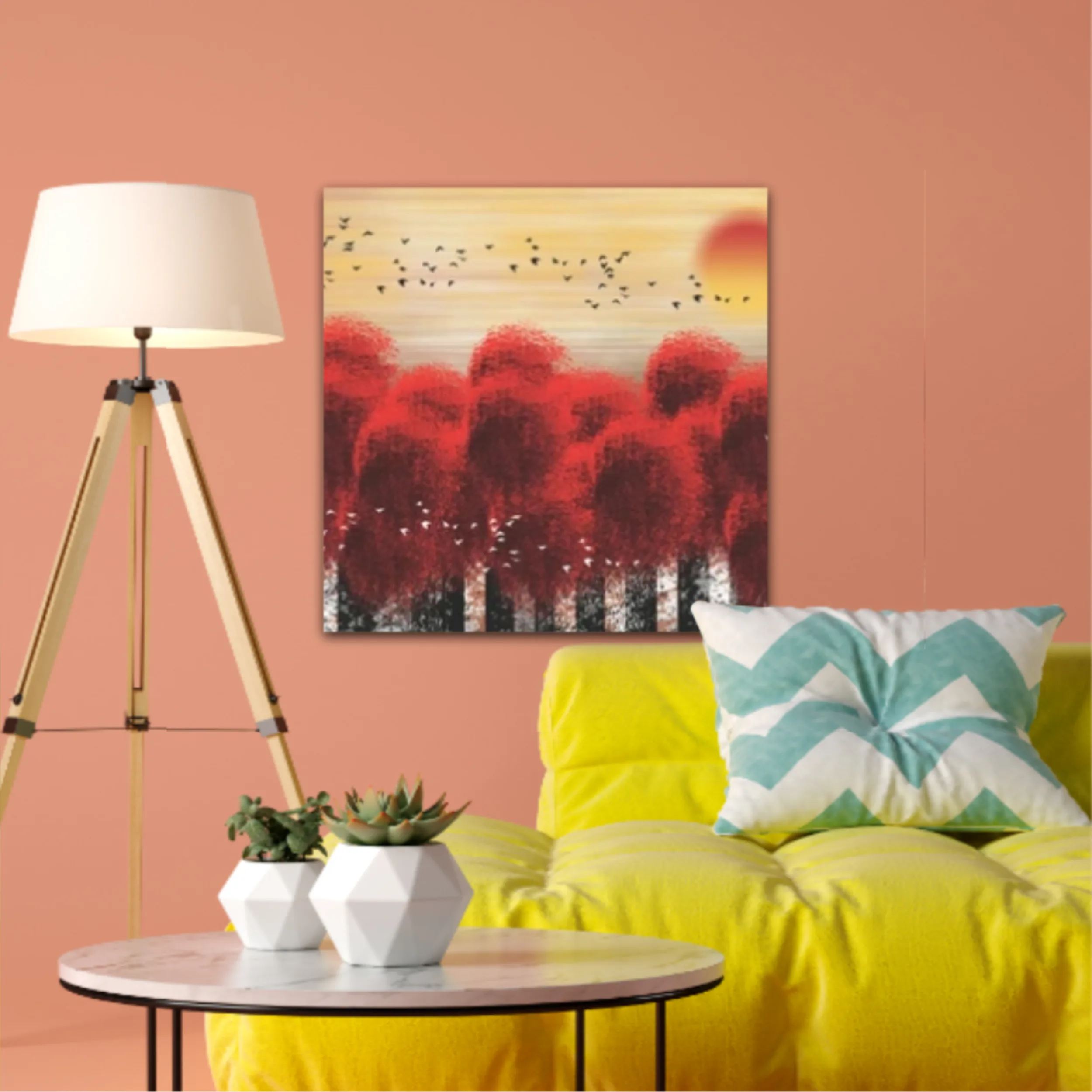 3d illustration image of red tree forest and flock of birds flying in the sky