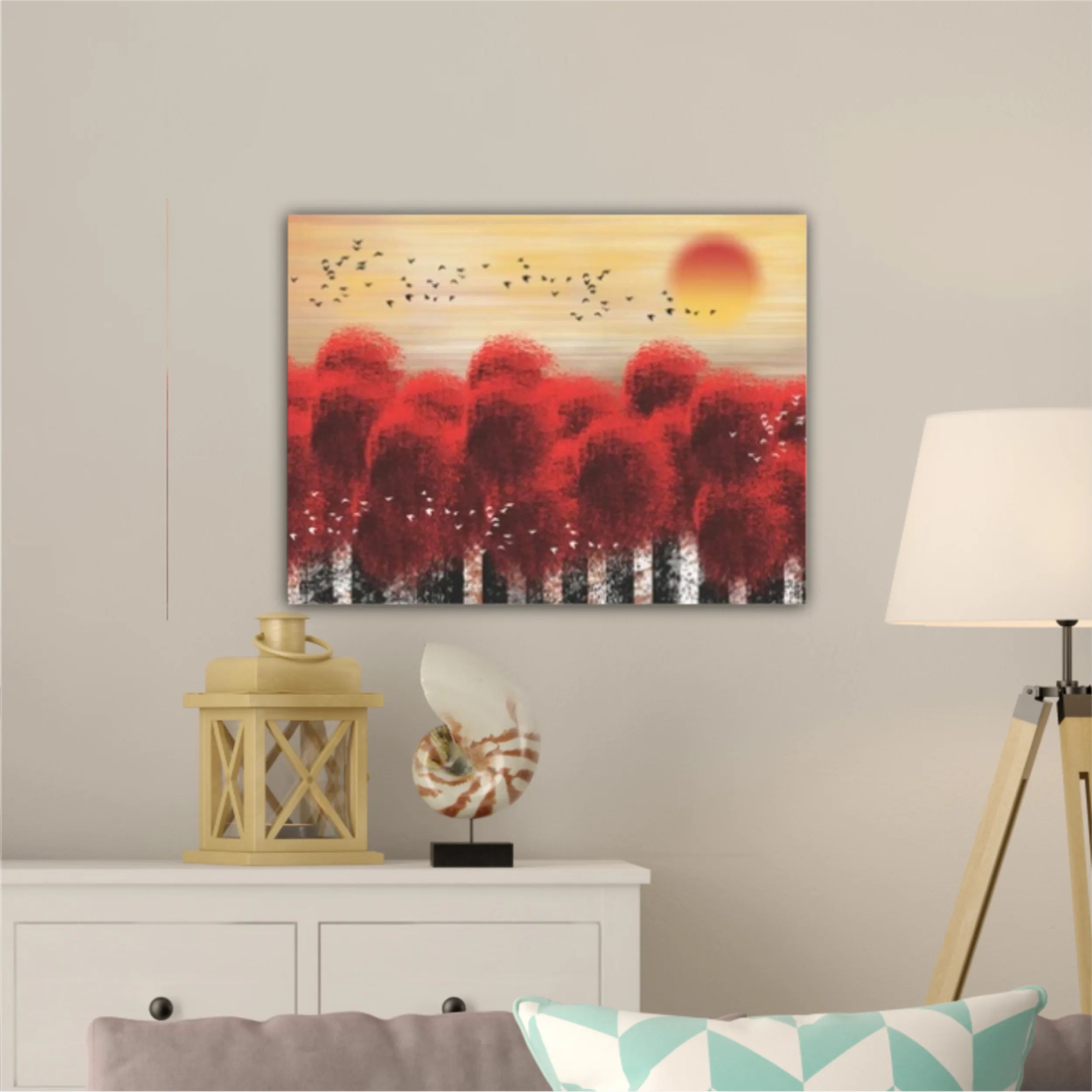 3d illustration image of red tree forest and flock of birds flying in the sky