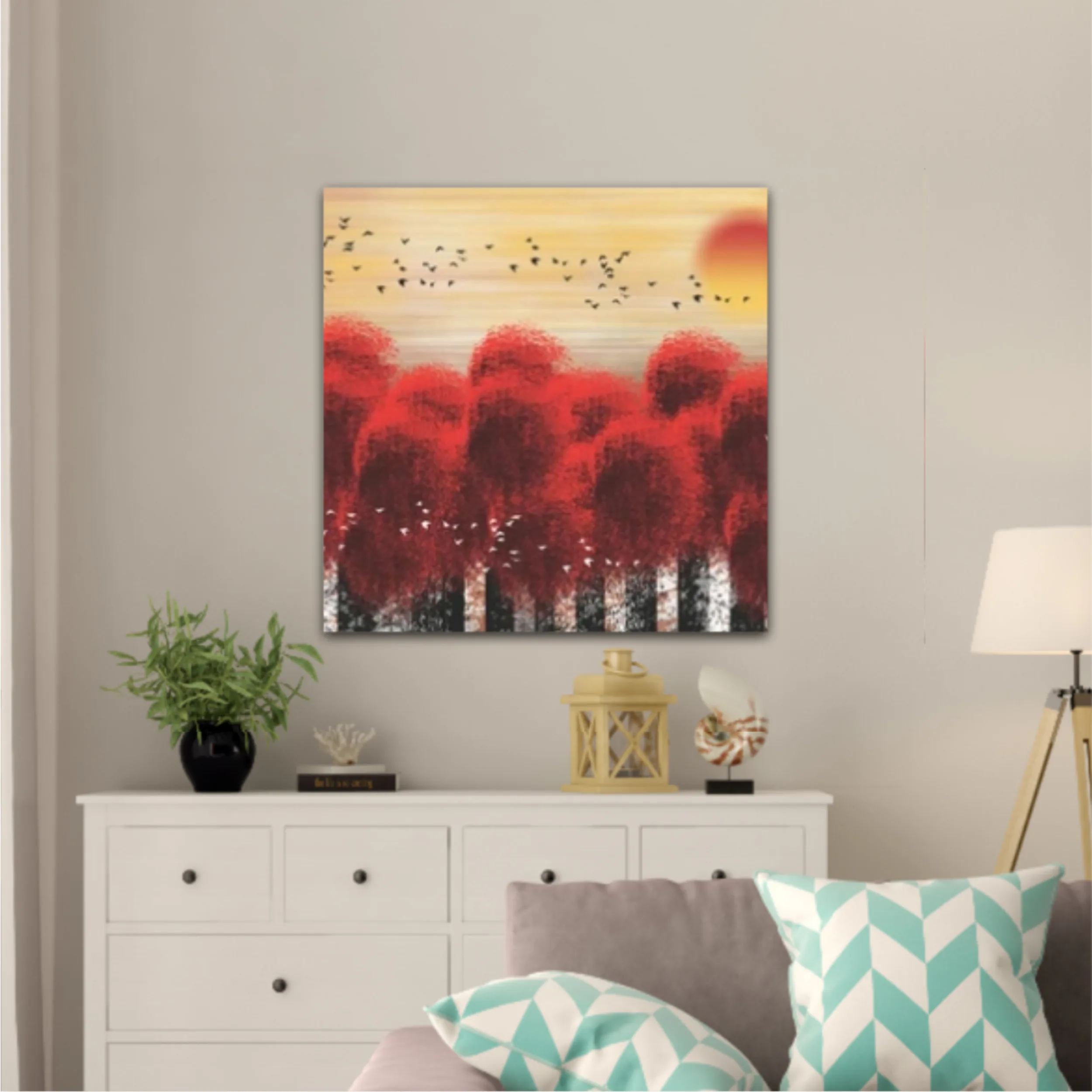 3d illustration image of red tree forest and flock of birds flying in the sky