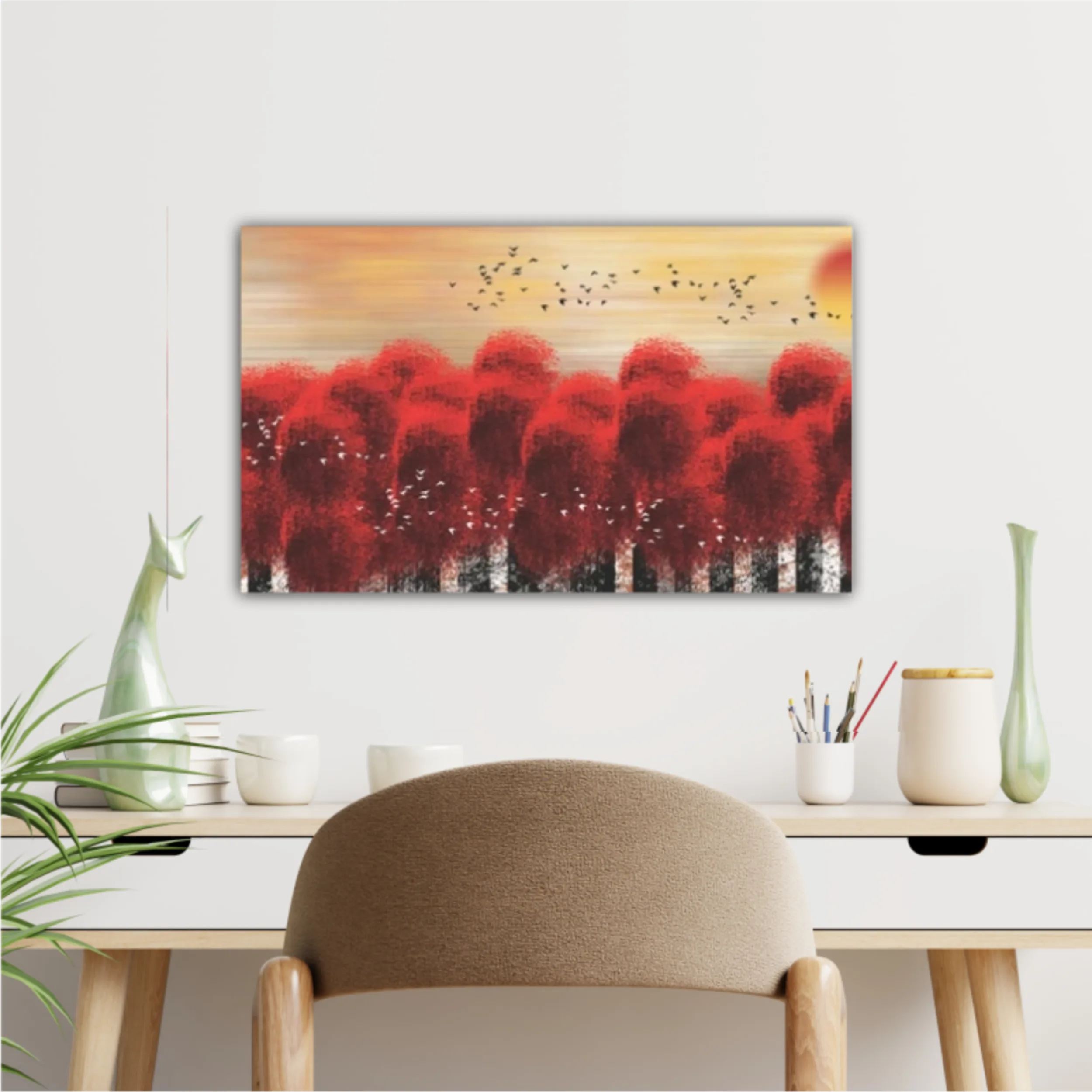 3d illustration image of red tree forest and flock of birds flying in the sky