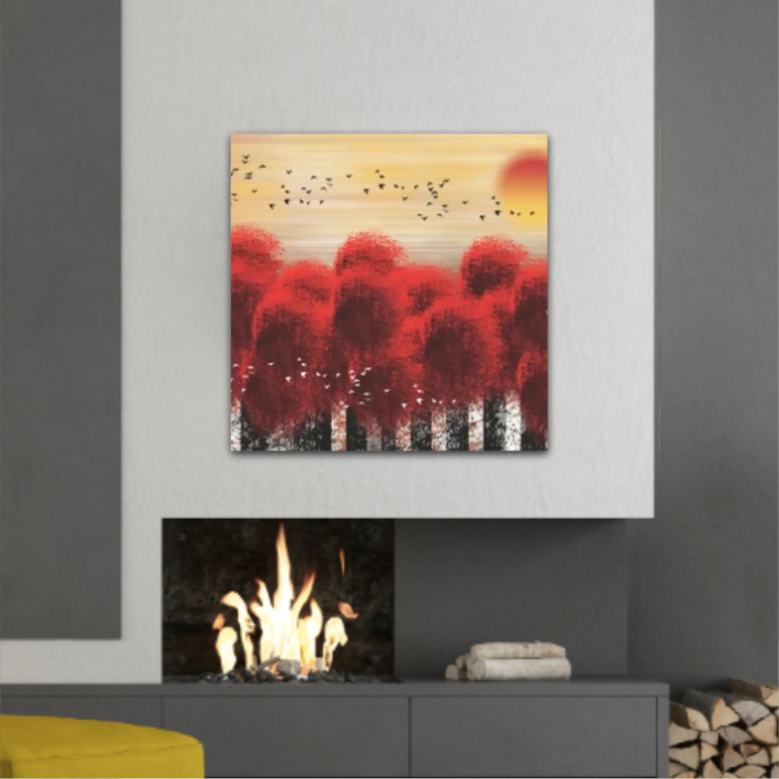 3d illustration image of red tree forest and flock of birds flying in the sky