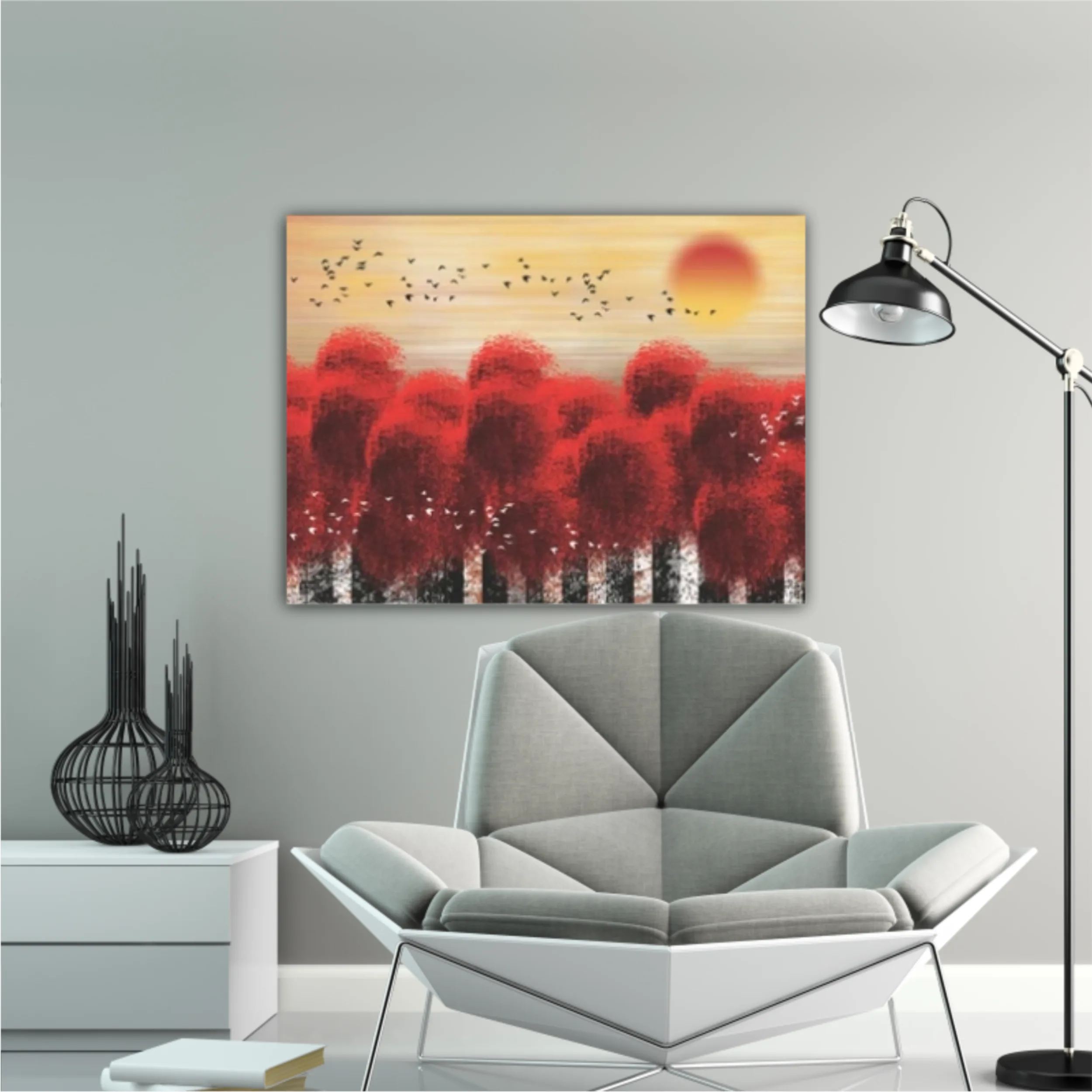 3d illustration image of red tree forest and flock of birds flying in the sky