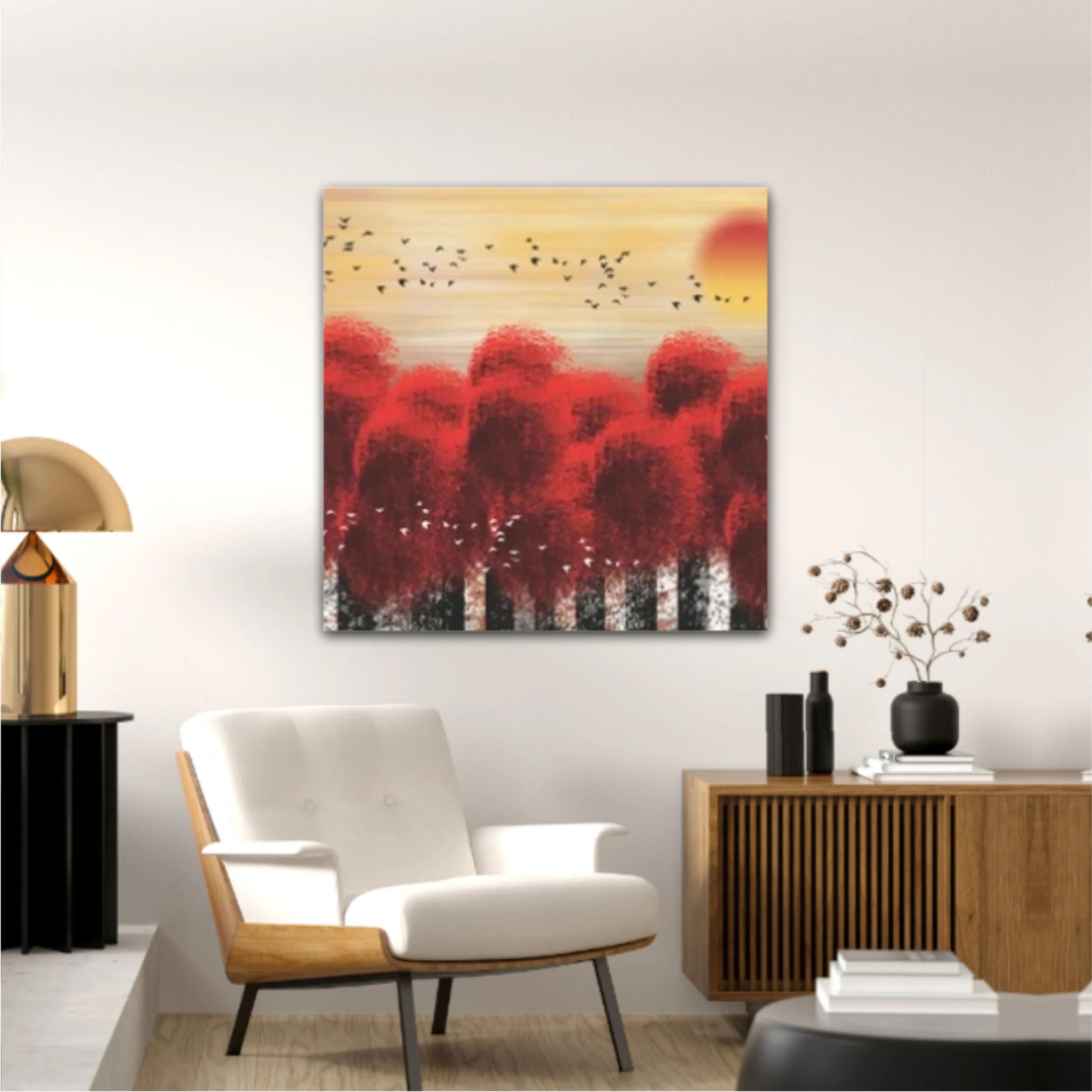 3d illustration image of red tree forest and flock of birds flying in the sky