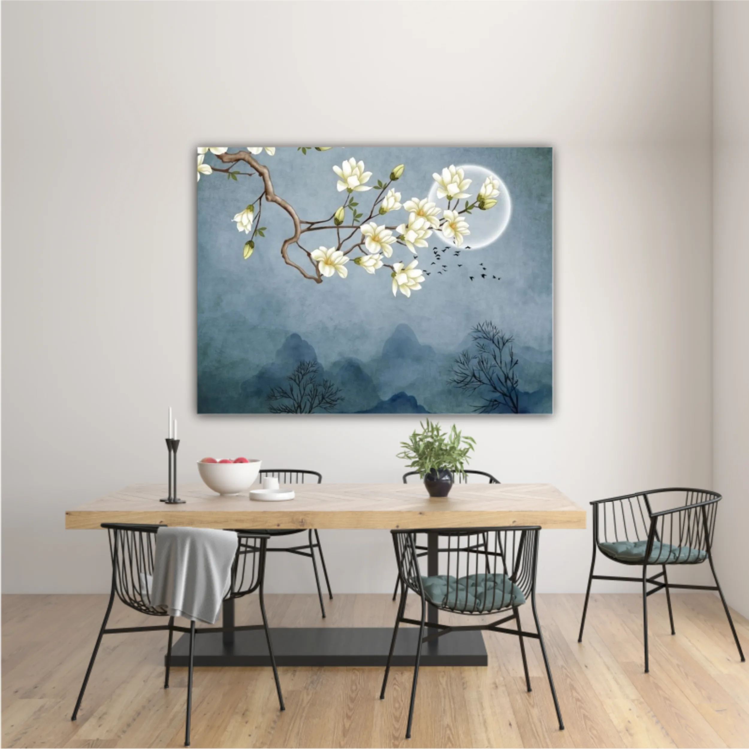 3d illustration of flowers, moon, flock of birds and mountains