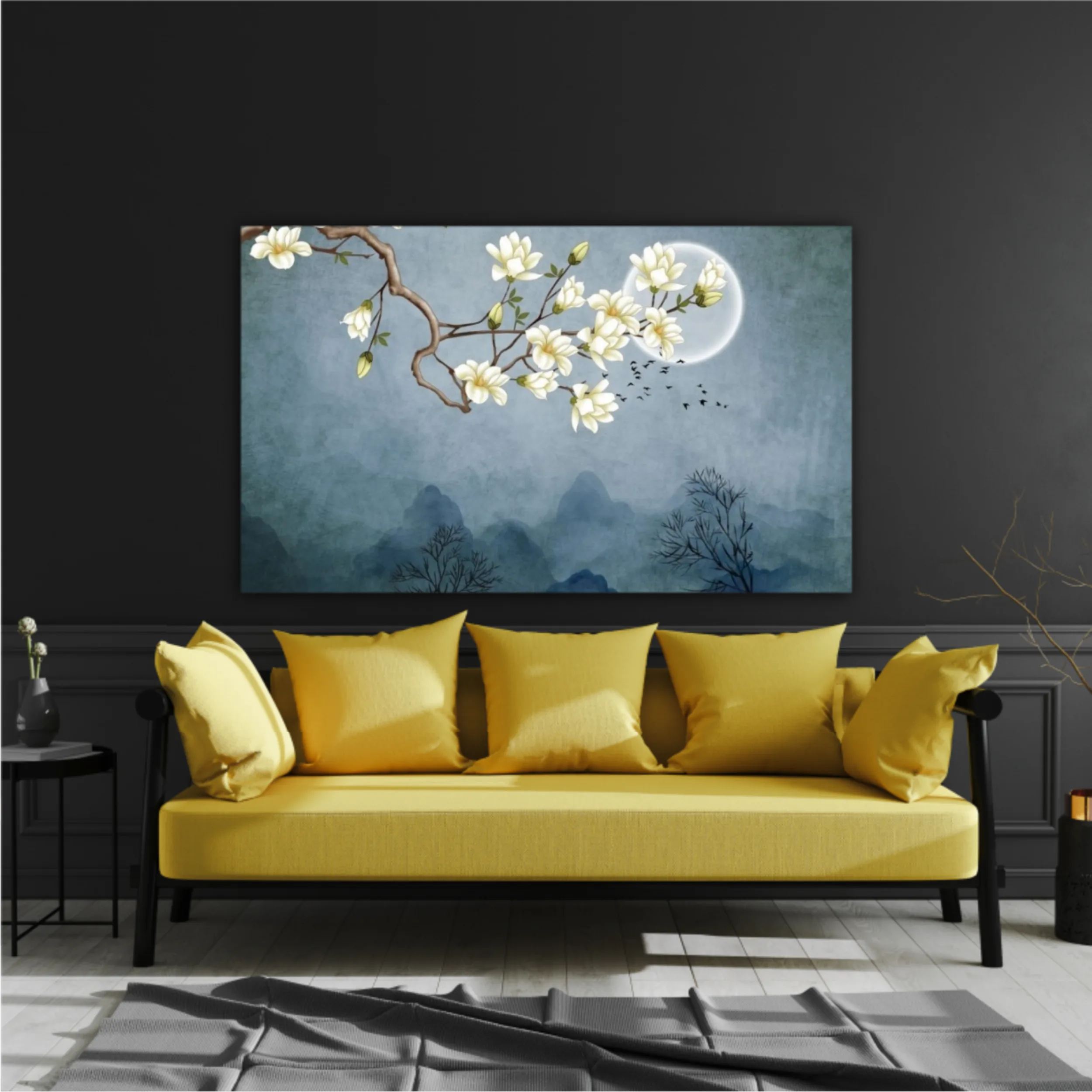 3d illustration of flowers, moon, flock of birds and mountains