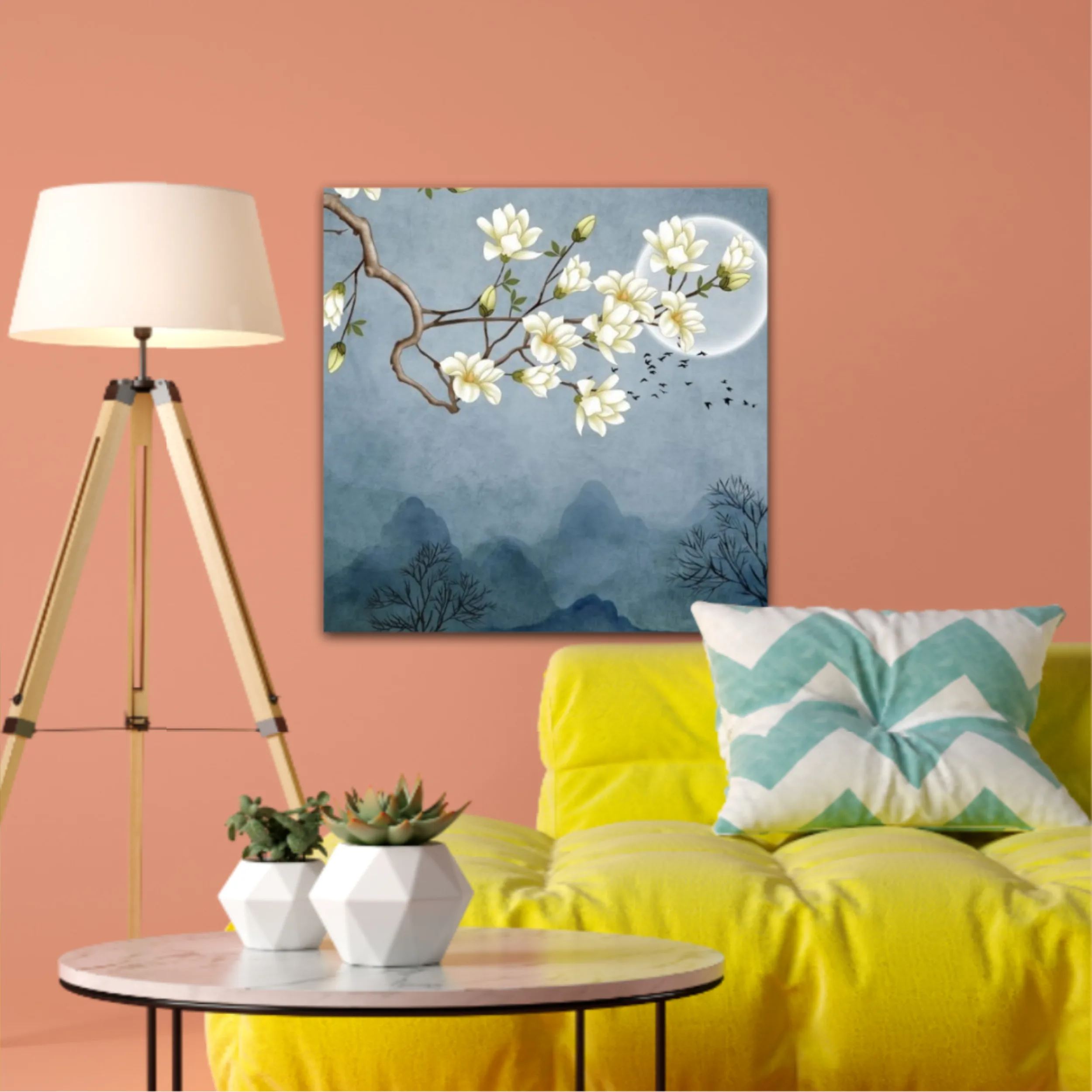 3d illustration of flowers, moon, flock of birds and mountains