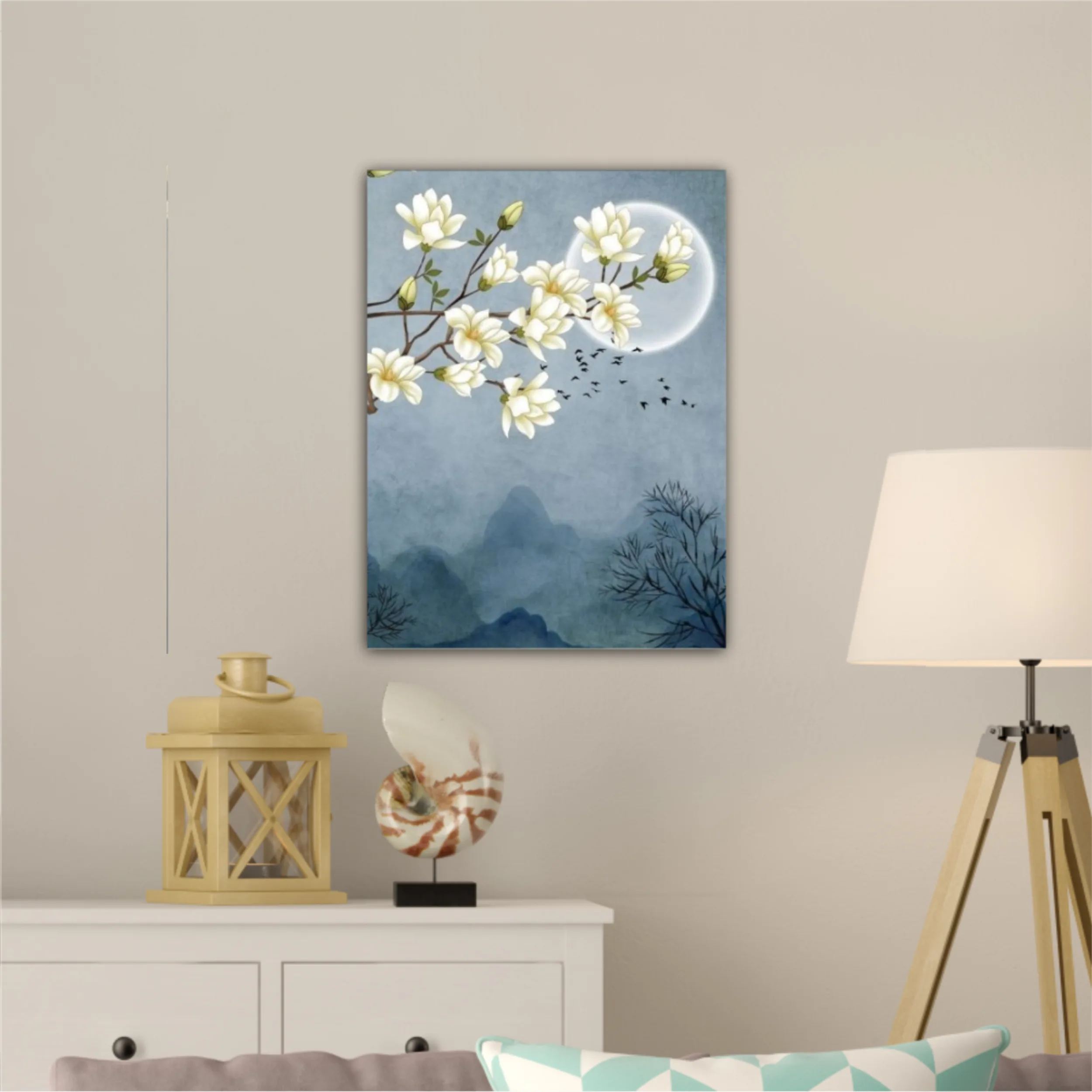 3d illustration of flowers, moon, flock of birds and mountains